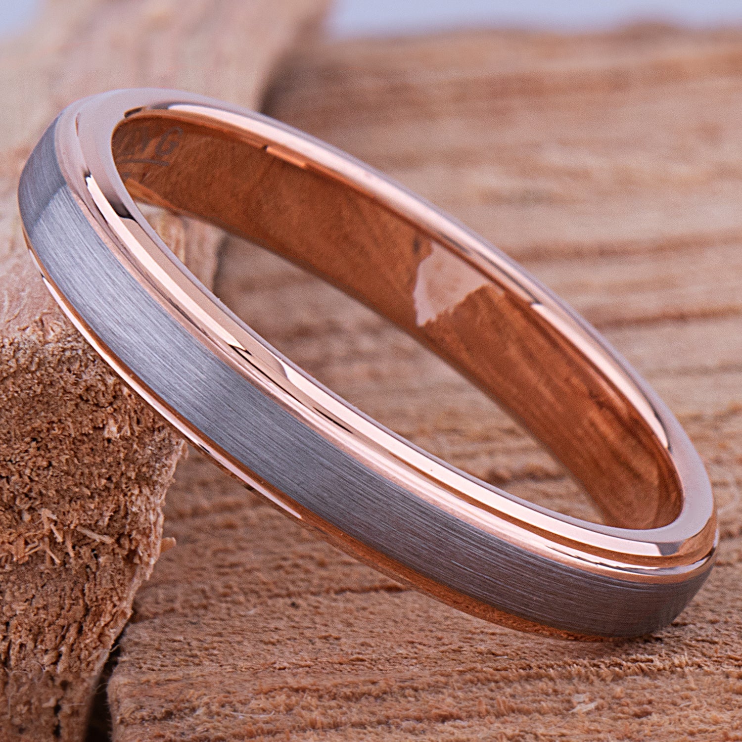 Tungsten Wedding Ring or Engagement Band 4mm with Rose Gold Interior & Brush Finish, Gift For Boy or Girl Friend, Unisex Tungsten Ring