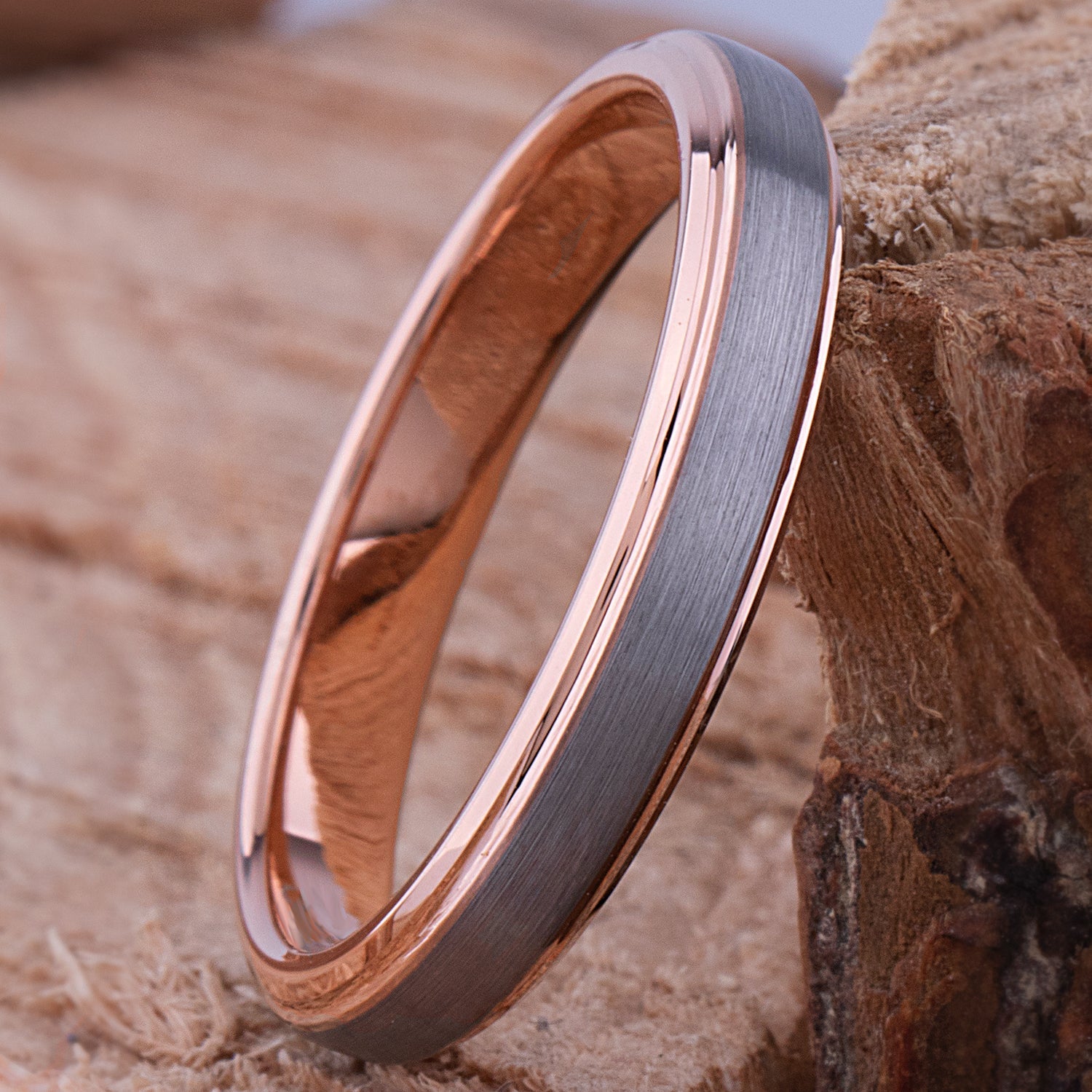 Tungsten Wedding Ring or Engagement Band 4mm with Rose Gold Interior & Brush Finish, Gift For Boy or Girl Friend, Unisex Tungsten Ring