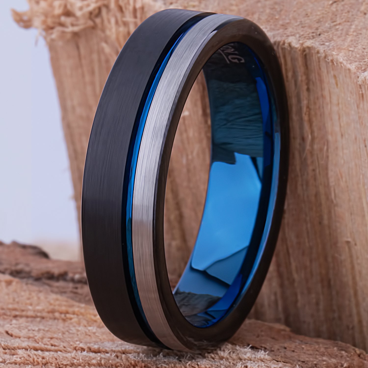 Tungsten Carbide Men's Wedding Band or Engagement Ring 6mm Wide Flat with Brush Finish and Midnight Black and Indigo Blue Plating