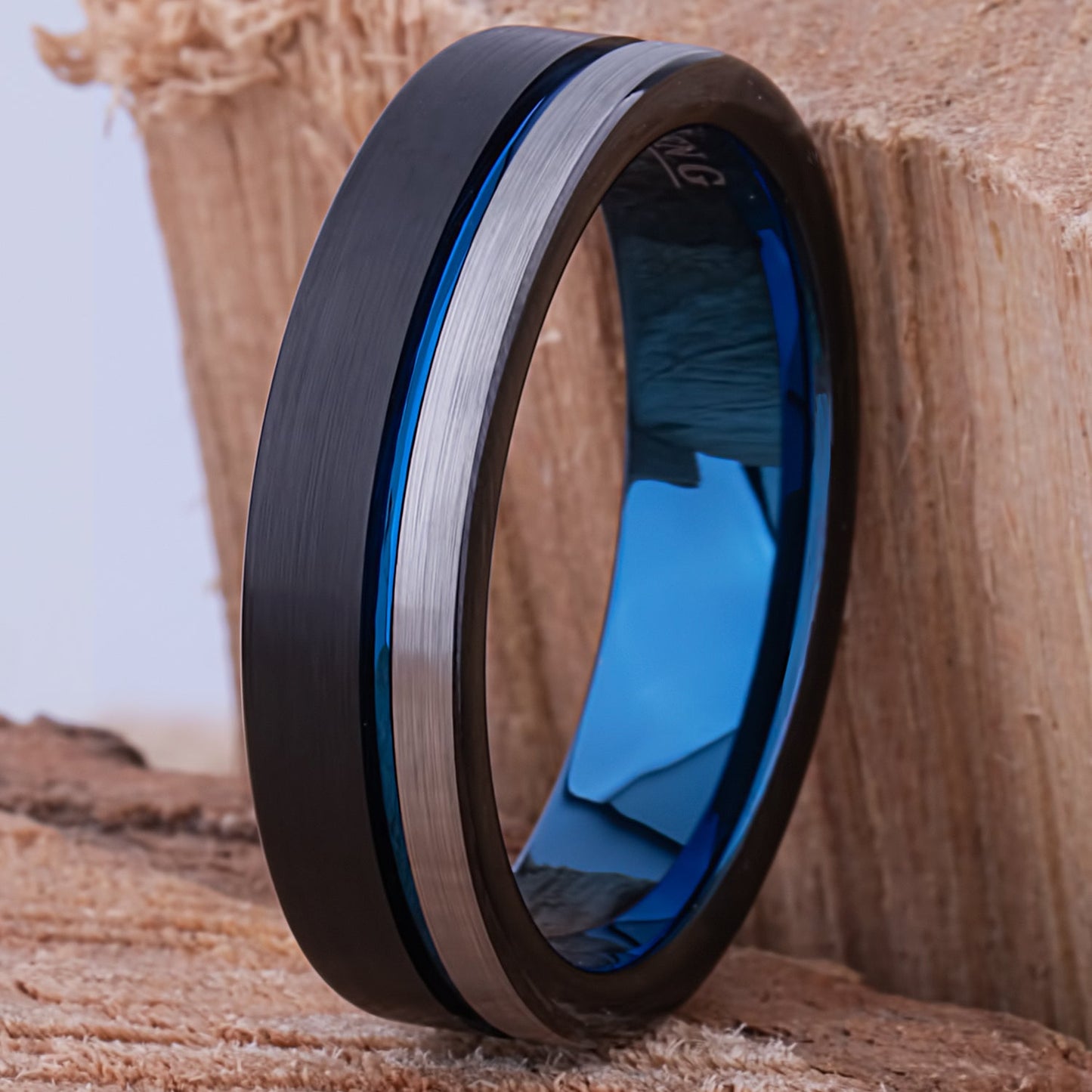 Tungsten Carbide Men's Wedding Band or Engagement Ring 6mm Wide Flat with Brush Finish and Midnight Black and Indigo Blue Plating