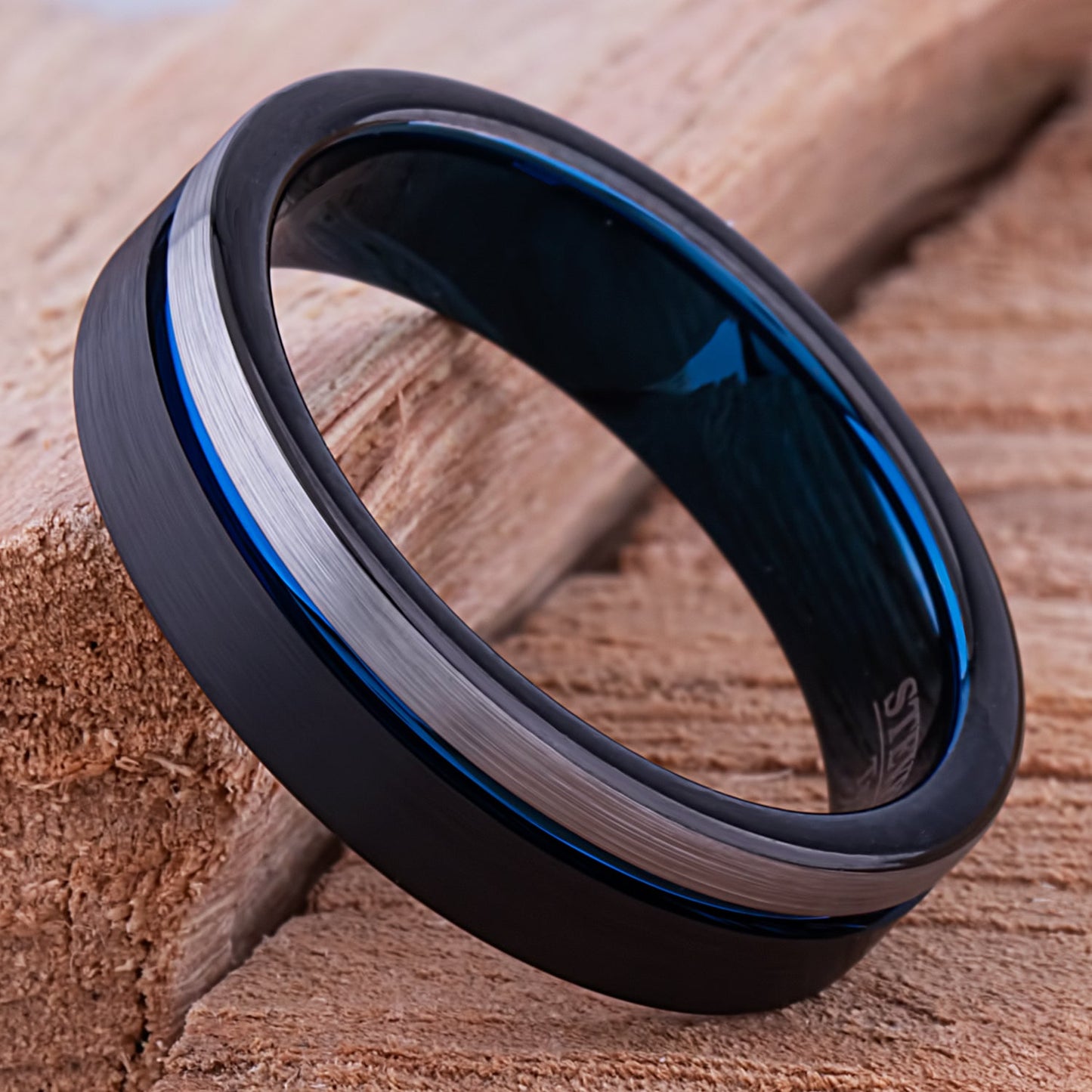 Tungsten Carbide Men's Wedding Band or Engagement Ring 6mm Wide Flat with Brush Finish and Midnight Black and Indigo Blue Plating
