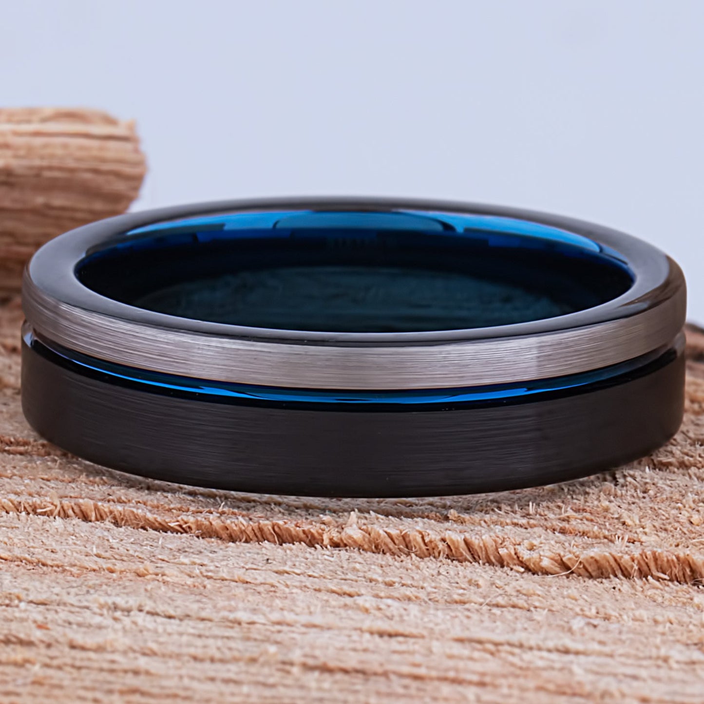 Tungsten Carbide Men's Wedding Band or Engagement Ring 6mm Wide Flat with Brush Finish and Midnight Black and Indigo Blue Plating