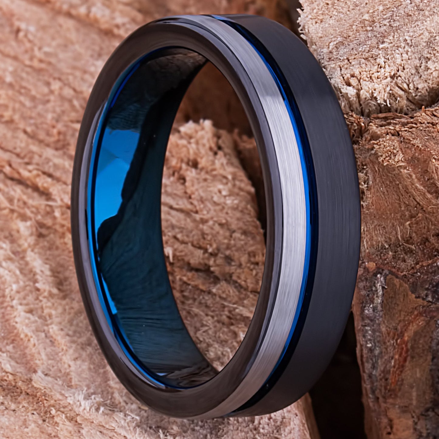Tungsten Carbide Men's Wedding Band or Engagement Ring 6mm Wide Flat with Brush Finish and Midnight Black and Indigo Blue Plating