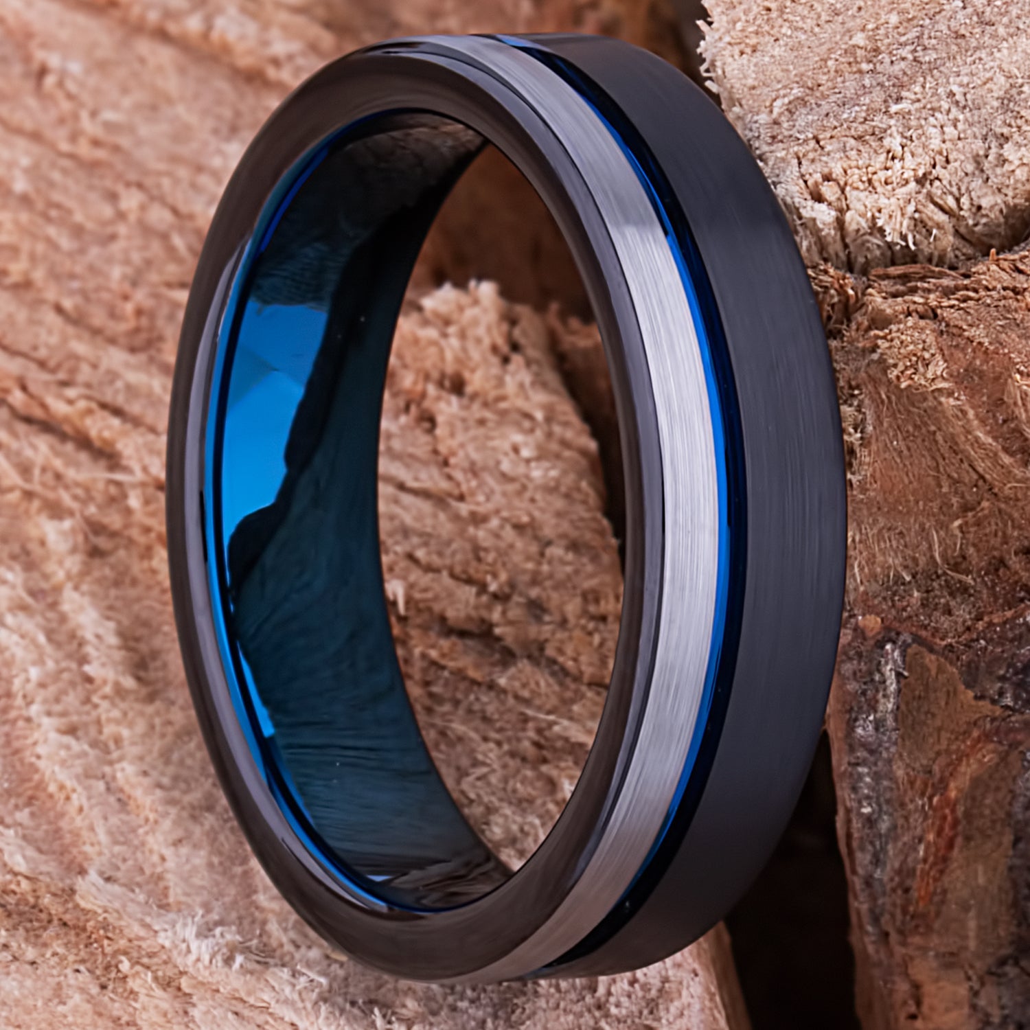 Tungsten Carbide Men's Wedding Band or Engagement Ring 6mm Wide Flat with Brush Finish and Midnight Black and Indigo Blue Plating