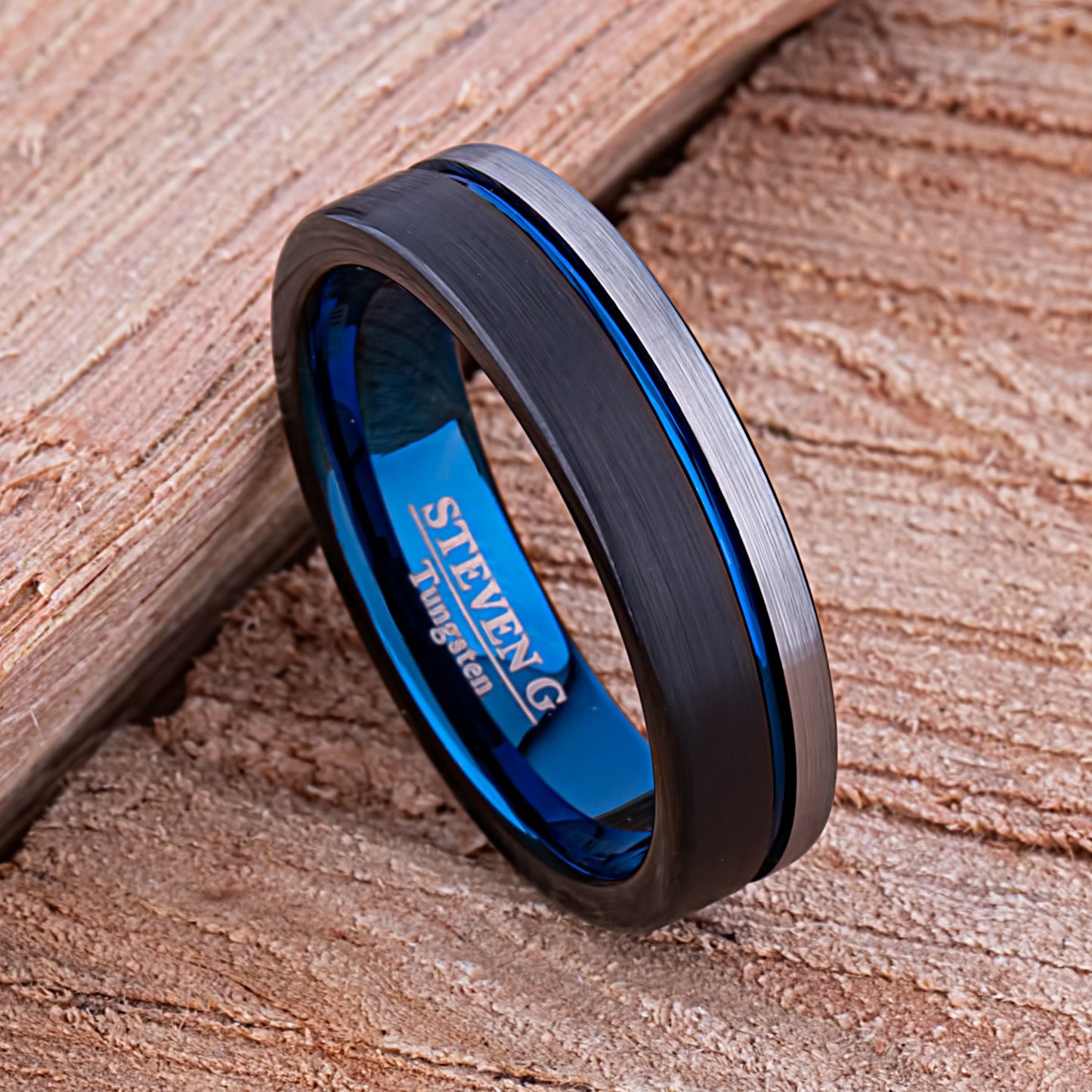 Tungsten Carbide Men's Wedding Band or Engagement Ring 6mm Wide Flat with Brush Finish and Midnight Black and Indigo Blue Plating