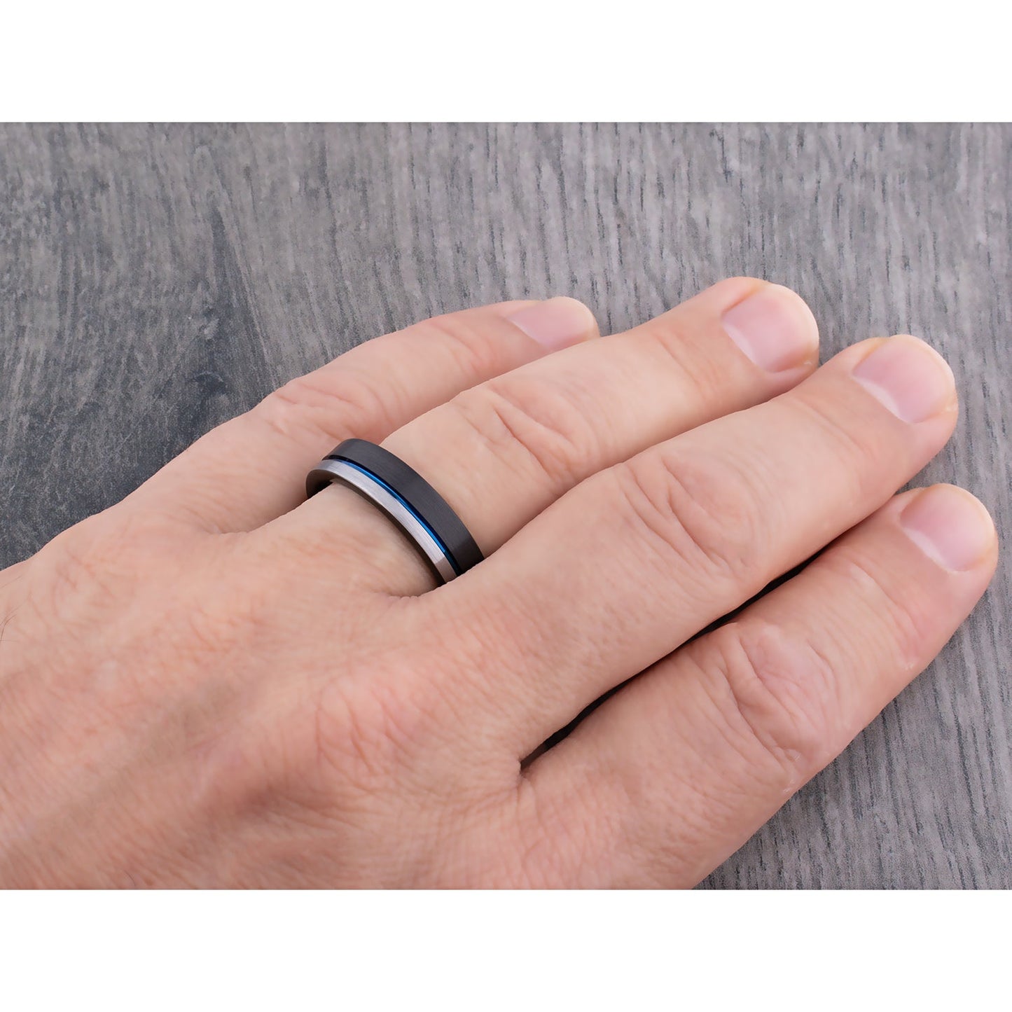 Tungsten Carbide Men's Wedding Band or Engagement Ring 6mm Wide Flat with Brush Finish and Midnight Black and Indigo Blue Plating