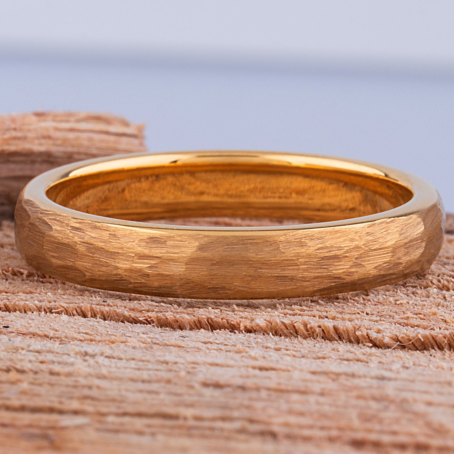 Yellow Gold Hammered Tungsten Men's Or Women's Wedding Band or Engagement Ring 4mm Wide