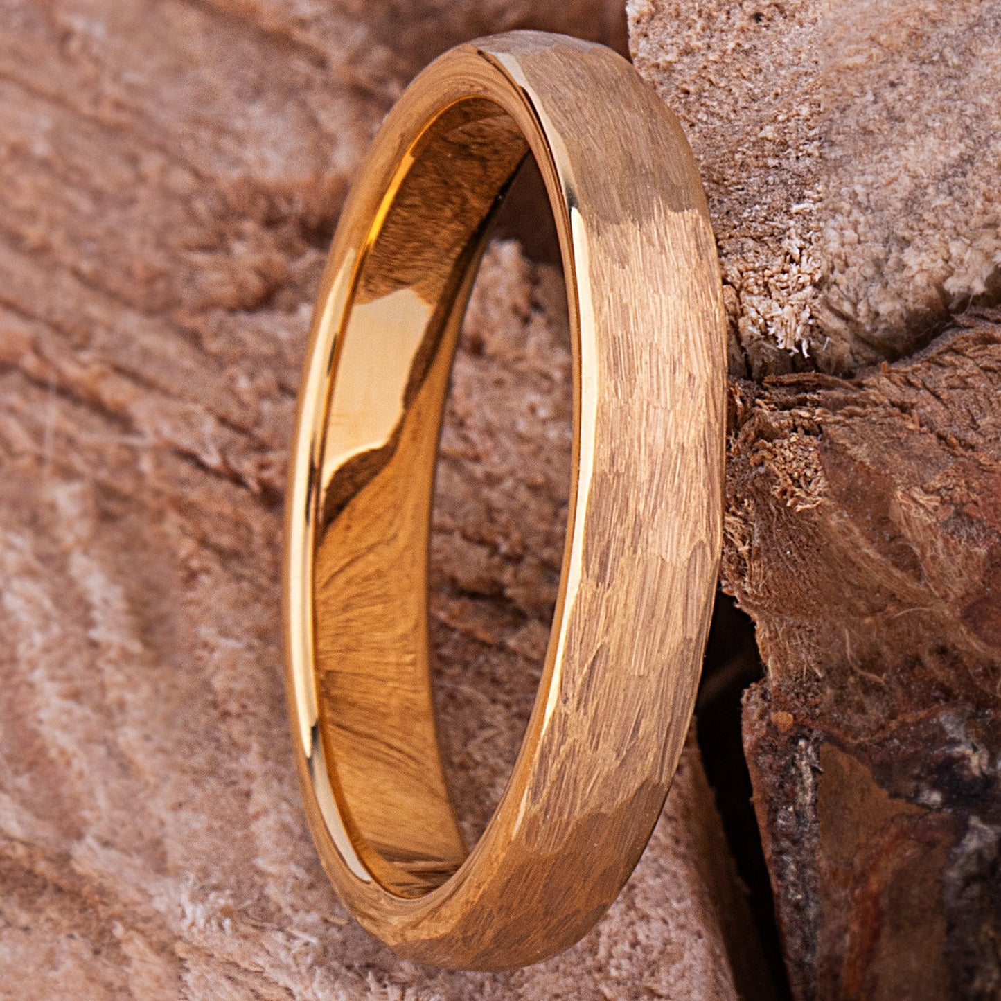 Yellow Gold Hammered Tungsten Men's Or Women's Wedding Band or Engagement Ring 4mm Wide