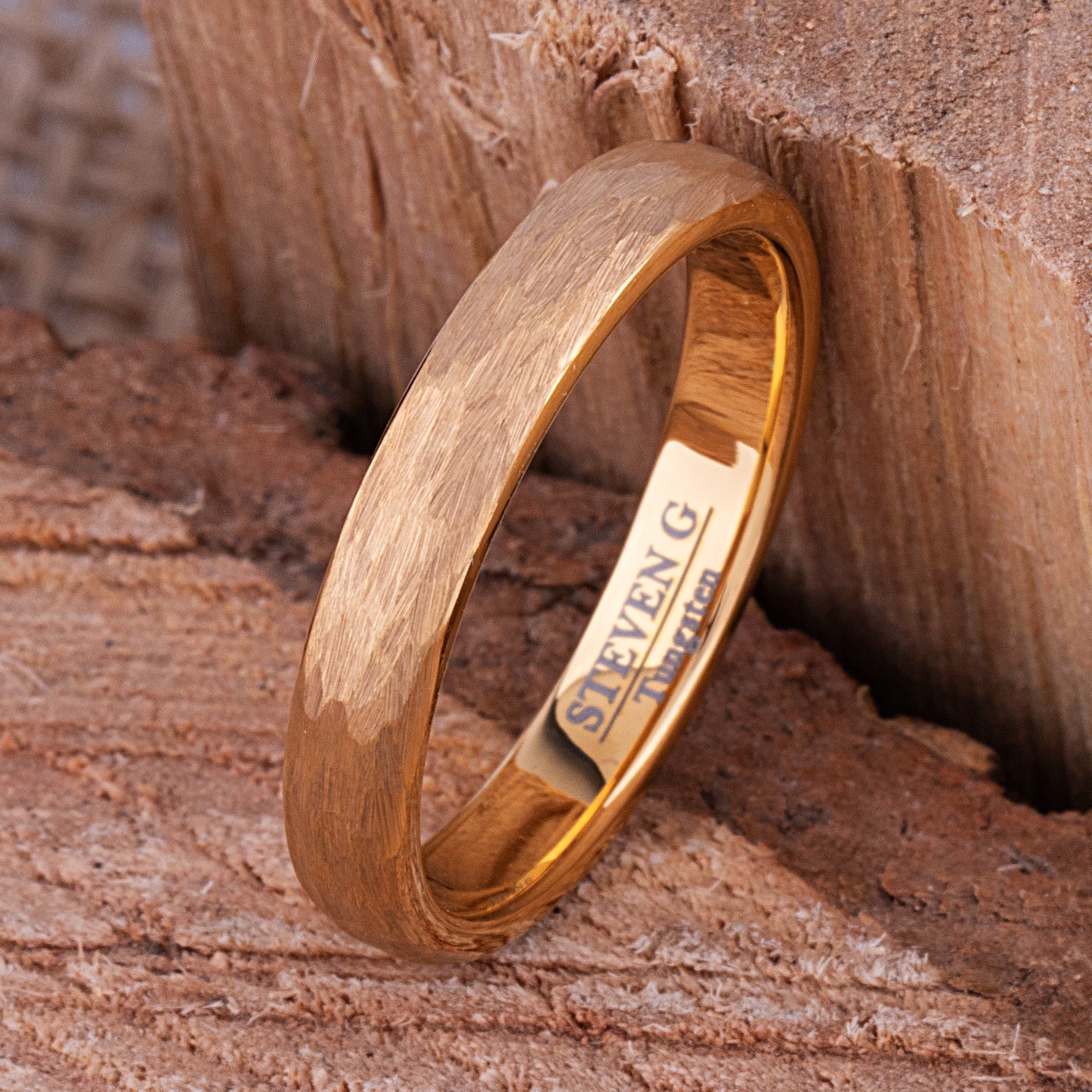 Yellow Gold Hammered Tungsten Men's Or Women's Wedding Band or Engagement Ring 4mm Wide