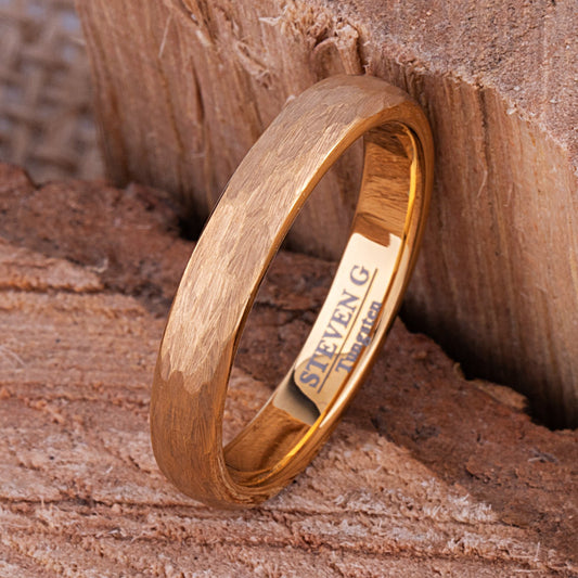 Yellow Gold Hammered Tungsten Men's Or Women's Wedding Band or Engagement Ring 4mm Wide