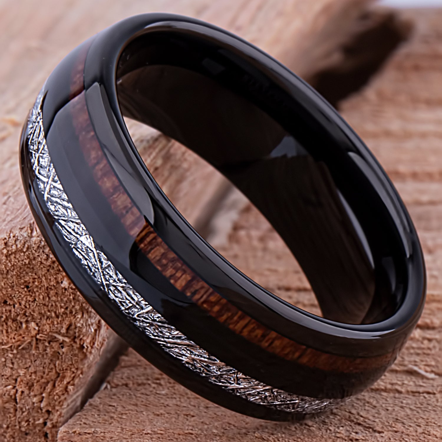 Black Tungsten Wedding Ring or Engagement Band 8mm Wide with Natural Crateva Nurvala Wood and Man-Made Meteorite Inlay