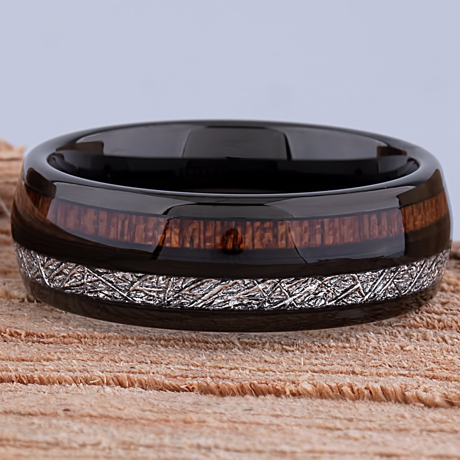 Black Tungsten Wedding Ring or Engagement Band 8mm Wide with Natural Crateva Nurvala Wood and Man-Made Meteorite Inlay