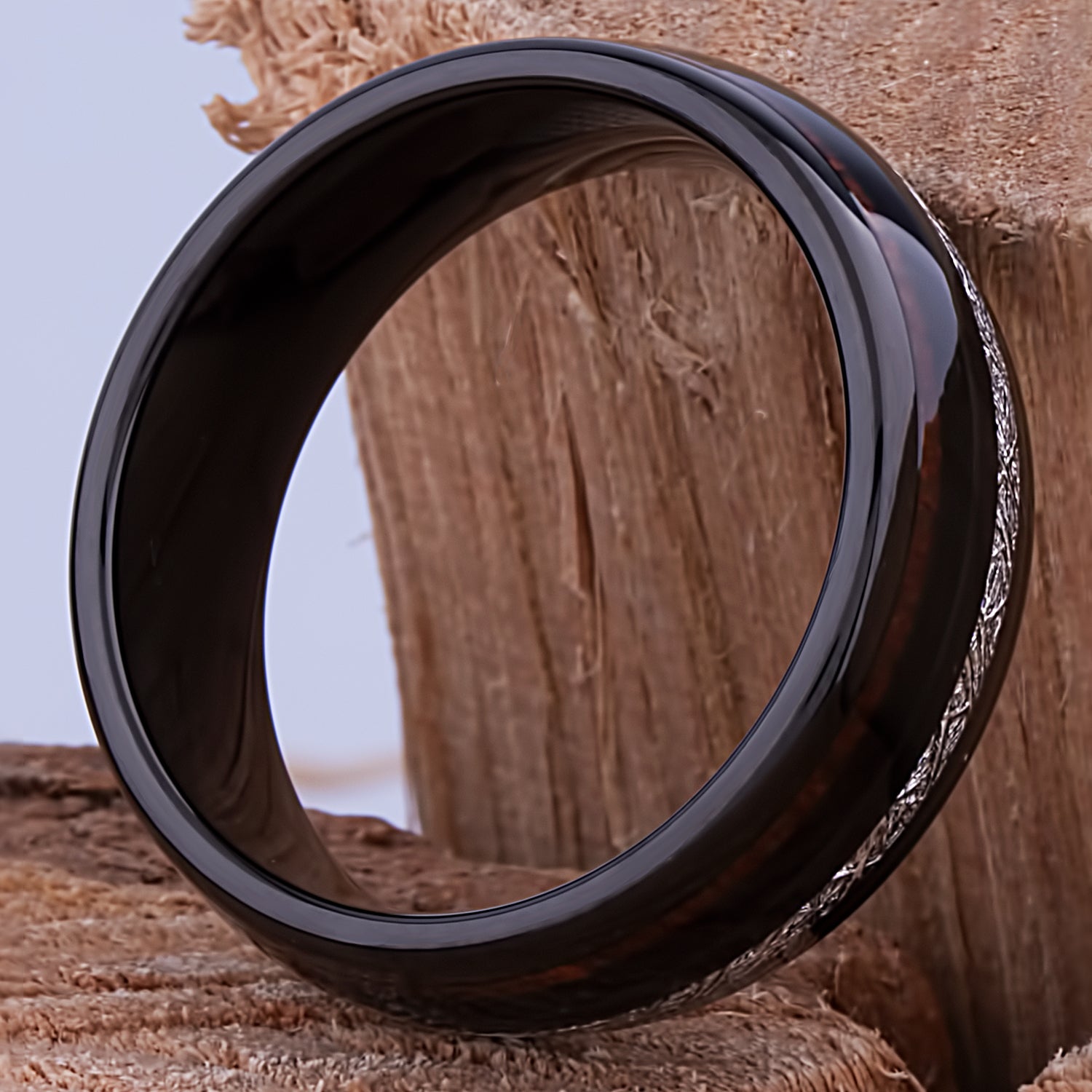 Black Tungsten Wedding Ring or Engagement Band 8mm Wide with Natural Crateva Nurvala Wood and Man-Made Meteorite Inlay