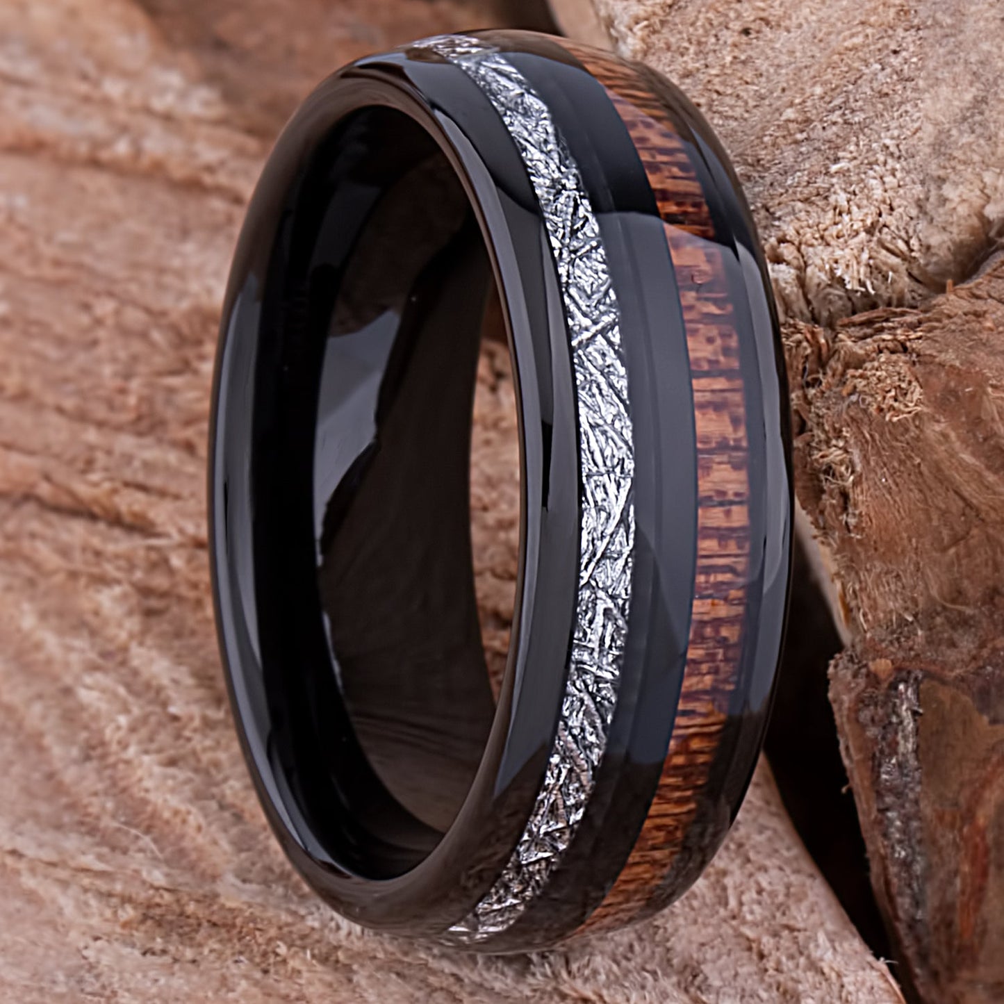 Black Tungsten Wedding Ring or Engagement Band 8mm Wide with Natural Crateva Nurvala Wood and Man-Made Meteorite Inlay