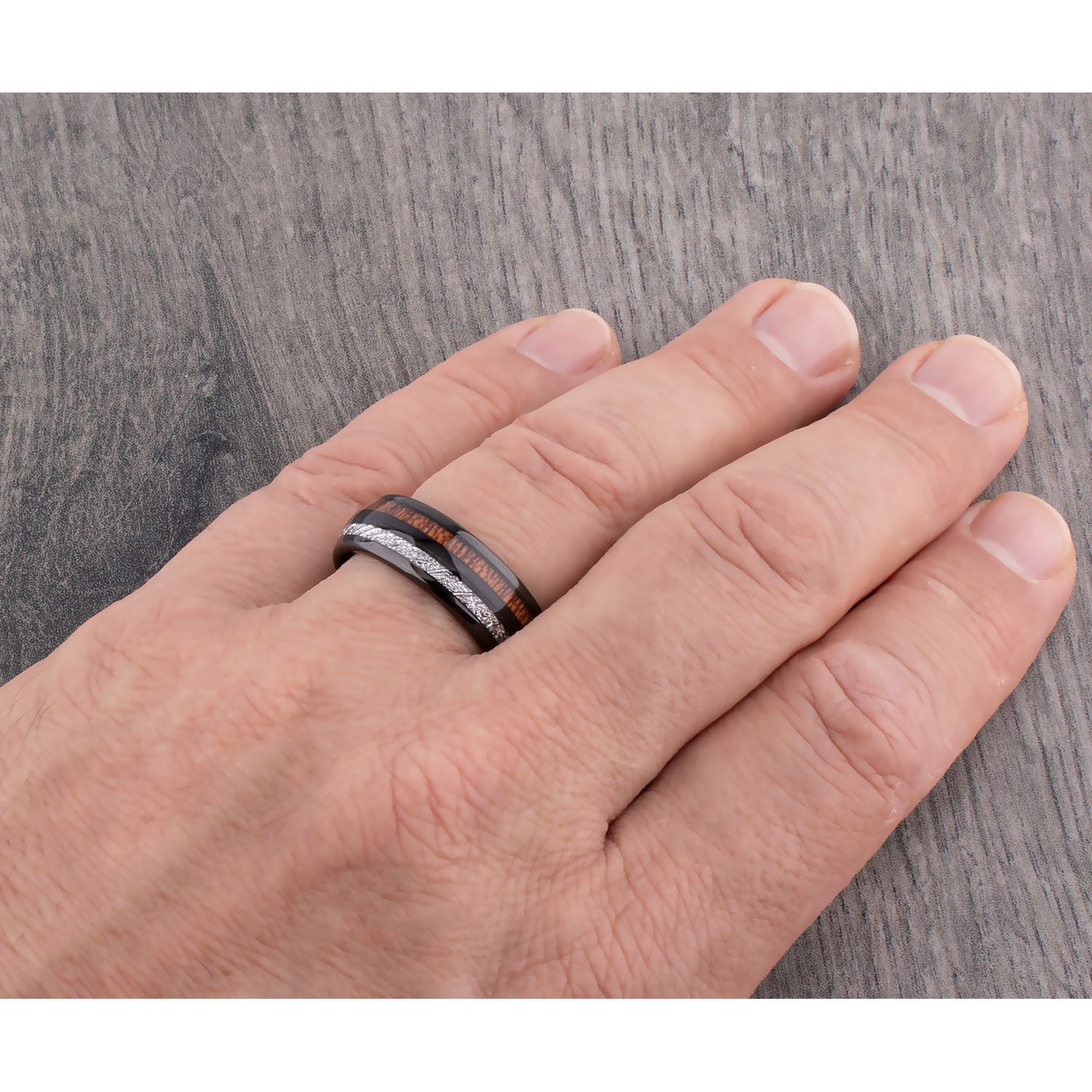 Black Tungsten Wedding Ring or Engagement Band 8mm Wide with Natural Crateva Nurvala Wood and Man-Made Meteorite Inlay