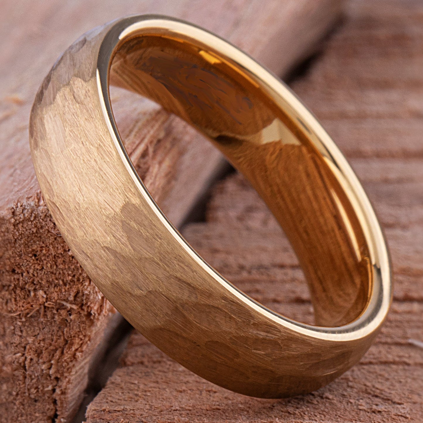 Yellow Gold Hammered Tungsten Men's Or Women's Wedding Band or Engagement Ring 6mm Wide