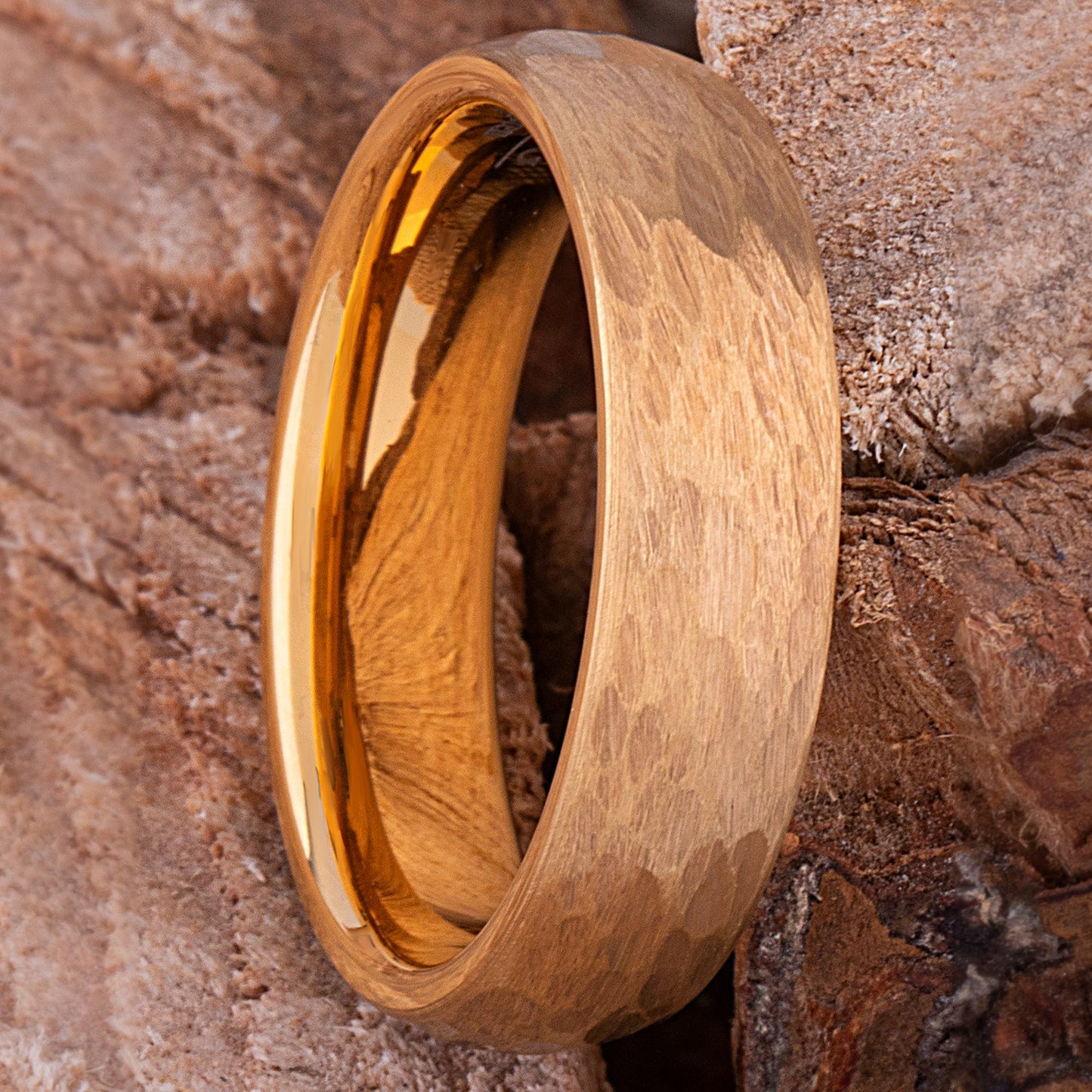 Yellow Gold Hammered Tungsten Men's Or Women's Wedding Band or Engagement Ring 6mm Wide