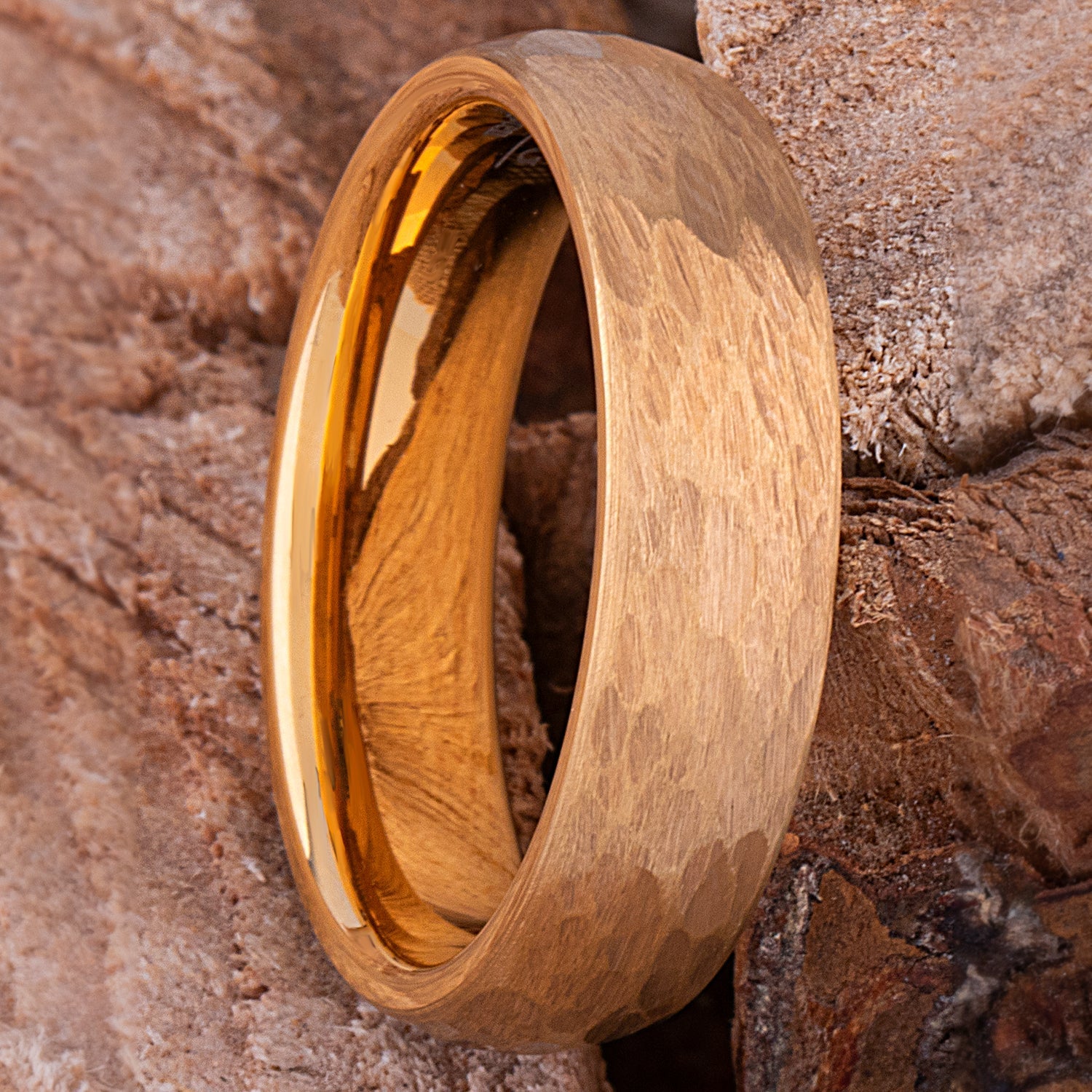 Yellow Gold Hammered Tungsten Men's Or Women's Wedding Band or Engagement Ring 6mm Wide