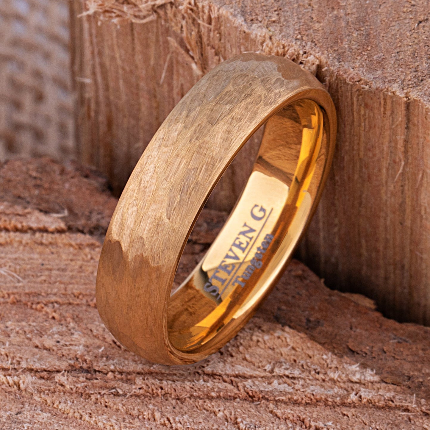 Yellow Gold Hammered Tungsten Men's Or Women's Wedding Band or Engagement Ring 6mm Wide