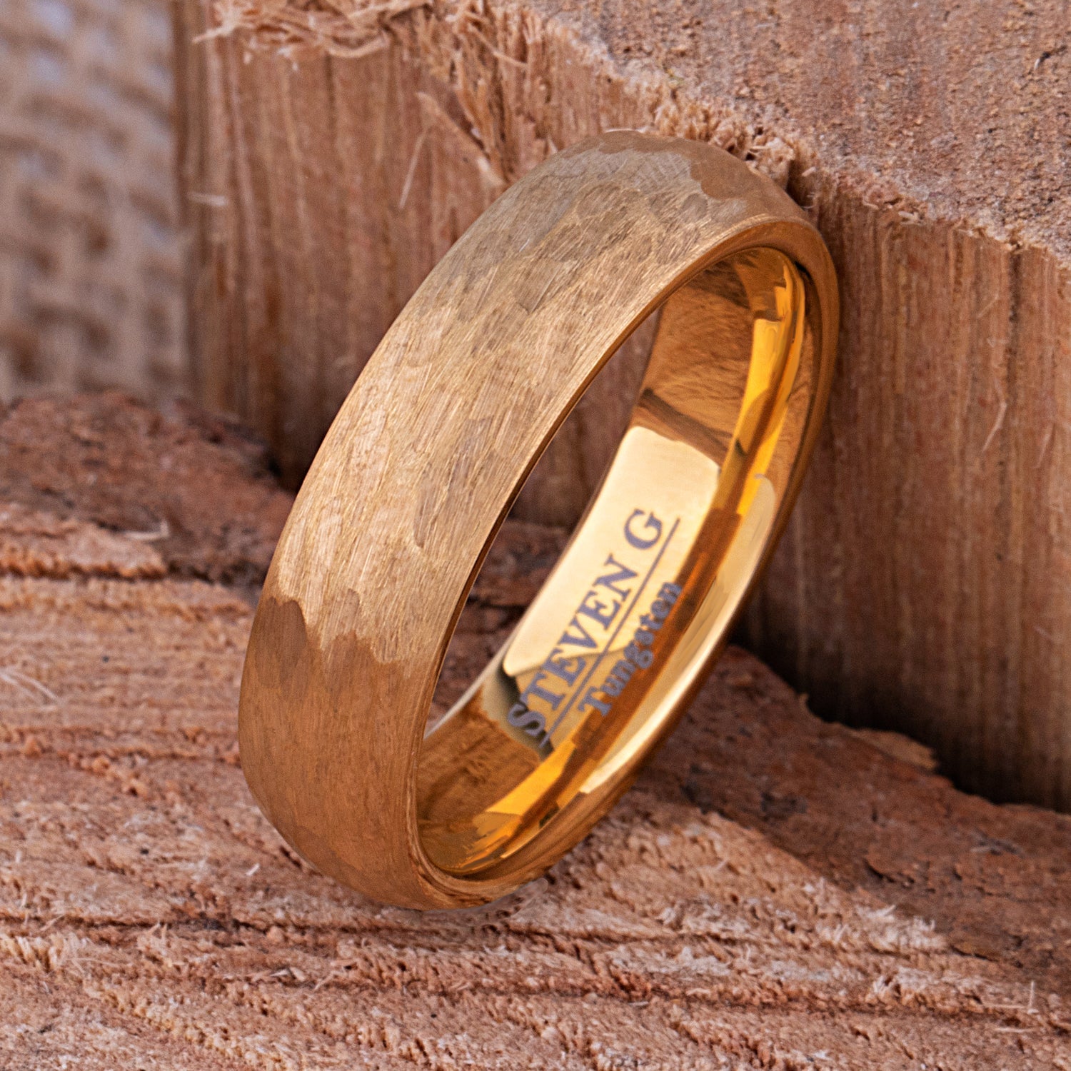 Yellow Gold Hammered Tungsten Men's Or Women's Wedding Band or Engagement Ring 6mm Wide