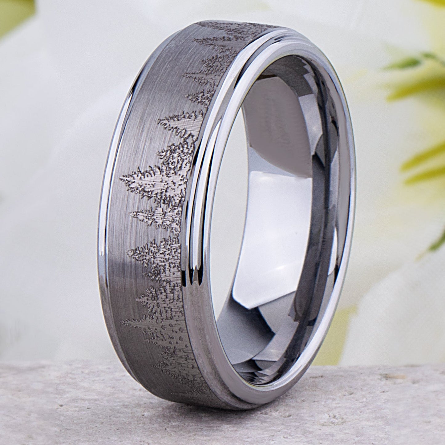 Forest Tungsten Band for Wedding or Engagement 8mm Wide, Mens Promise Ring, Anniversary Band For Man or Woman, Tungsten Ring Tree Design