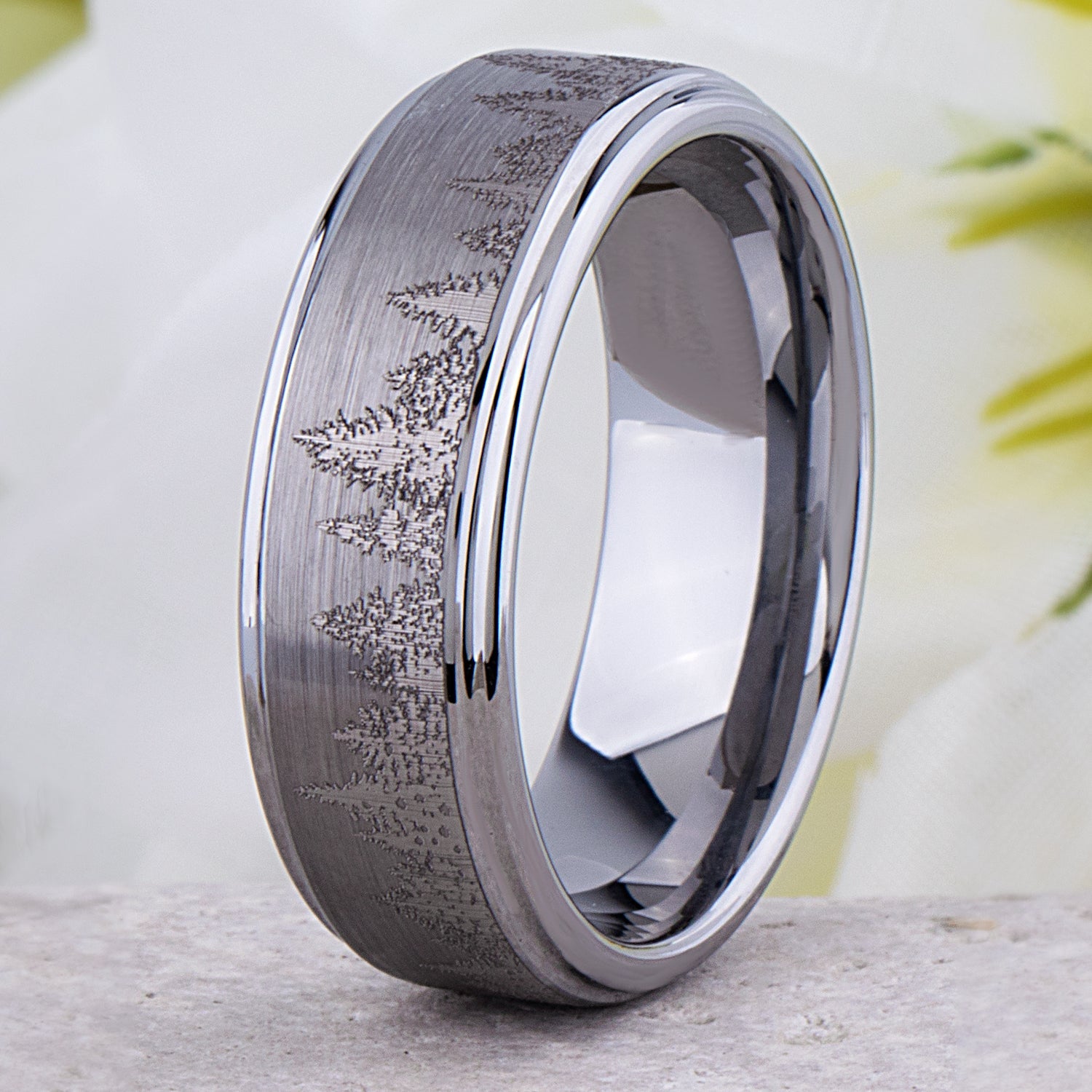 Forest Tungsten Band for Wedding or Engagement 8mm Wide, Mens Promise Ring, Anniversary Band For Man or Woman, Tungsten Ring Tree Design