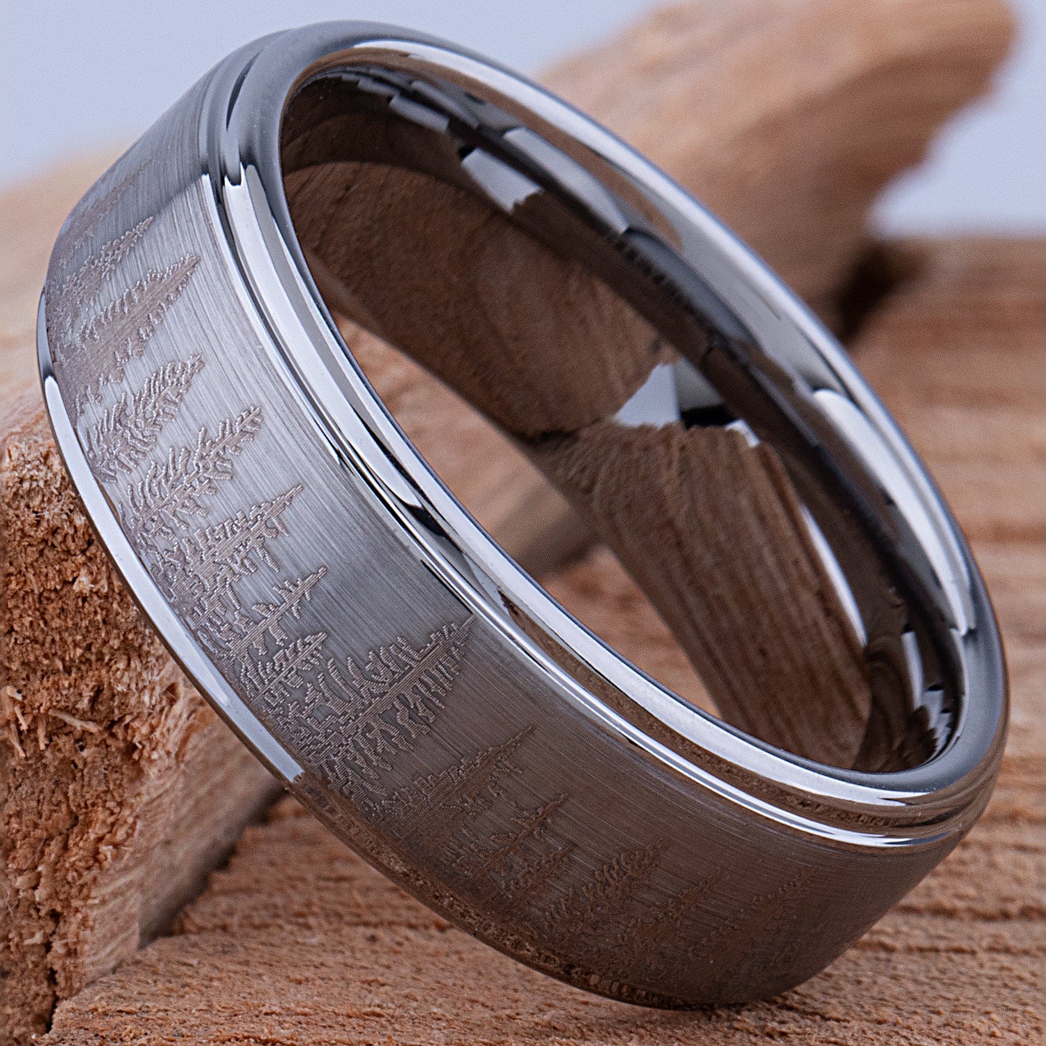 Forest Tungsten Band for Wedding or Engagement 8mm Wide, Mens Promise Ring, Anniversary Band For Man or Woman, Tungsten Ring Tree Design