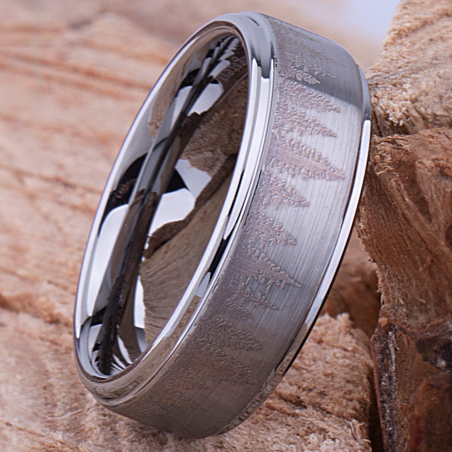Forest Tungsten Band for Wedding or Engagement 8mm Wide, Mens Promise Ring, Anniversary Band For Man or Woman, Tungsten Ring Tree Design