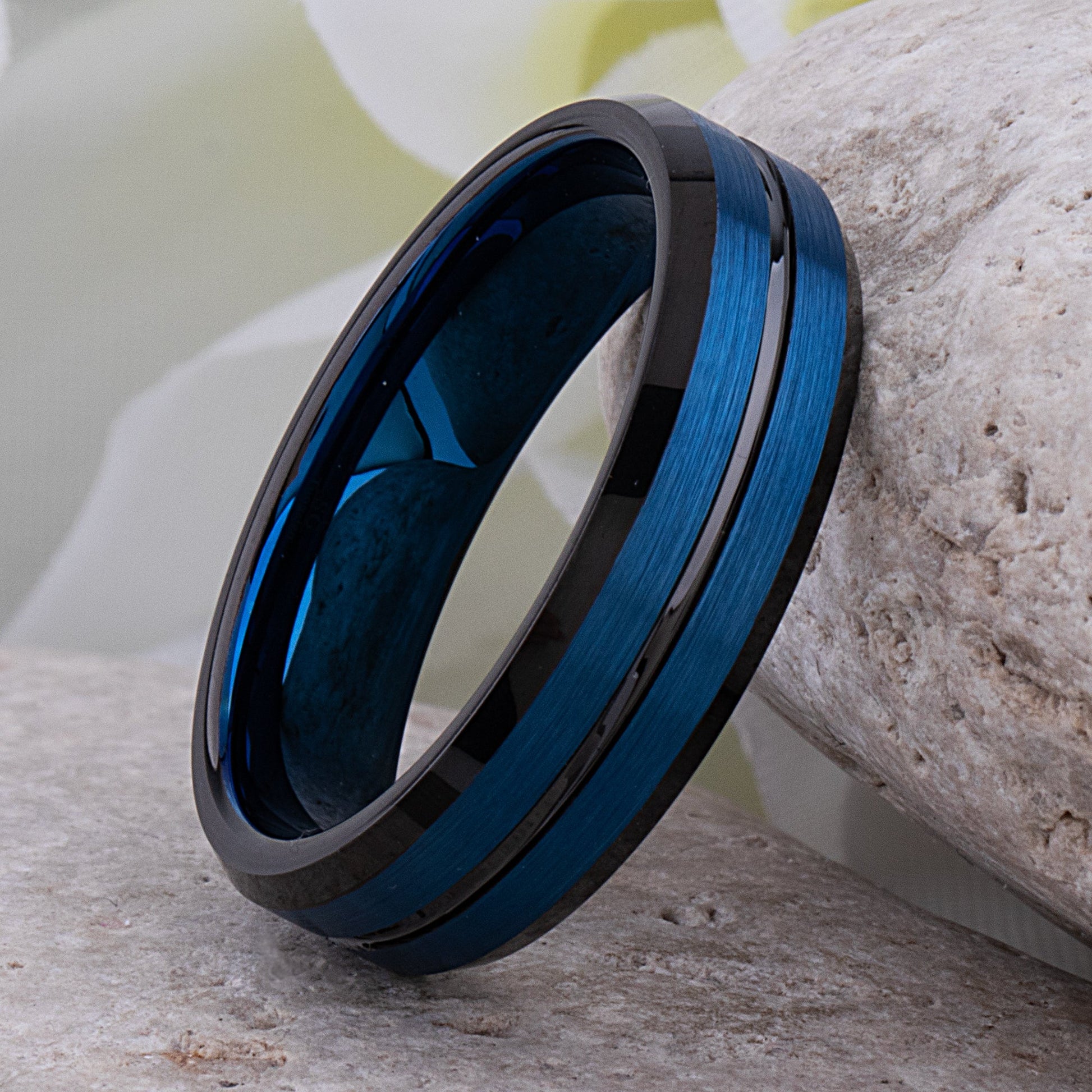  Blue with Black Tungsten Ring - 6mm Width