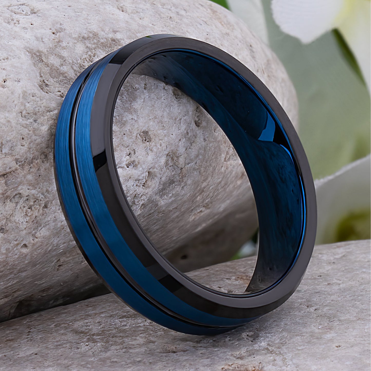  Blue with Black Tungsten Ring - 6mm Width