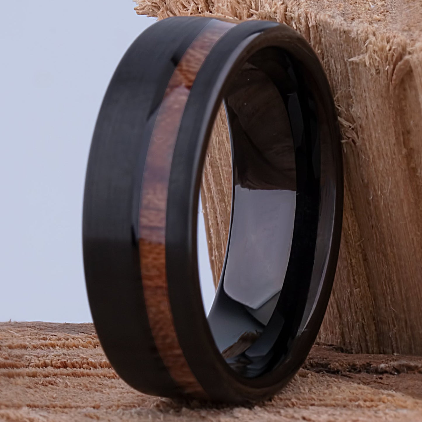 Tungsten Wedding Band or Engagement Ring 8mm Wide Black Plating Natural Padauk Wood Inlay