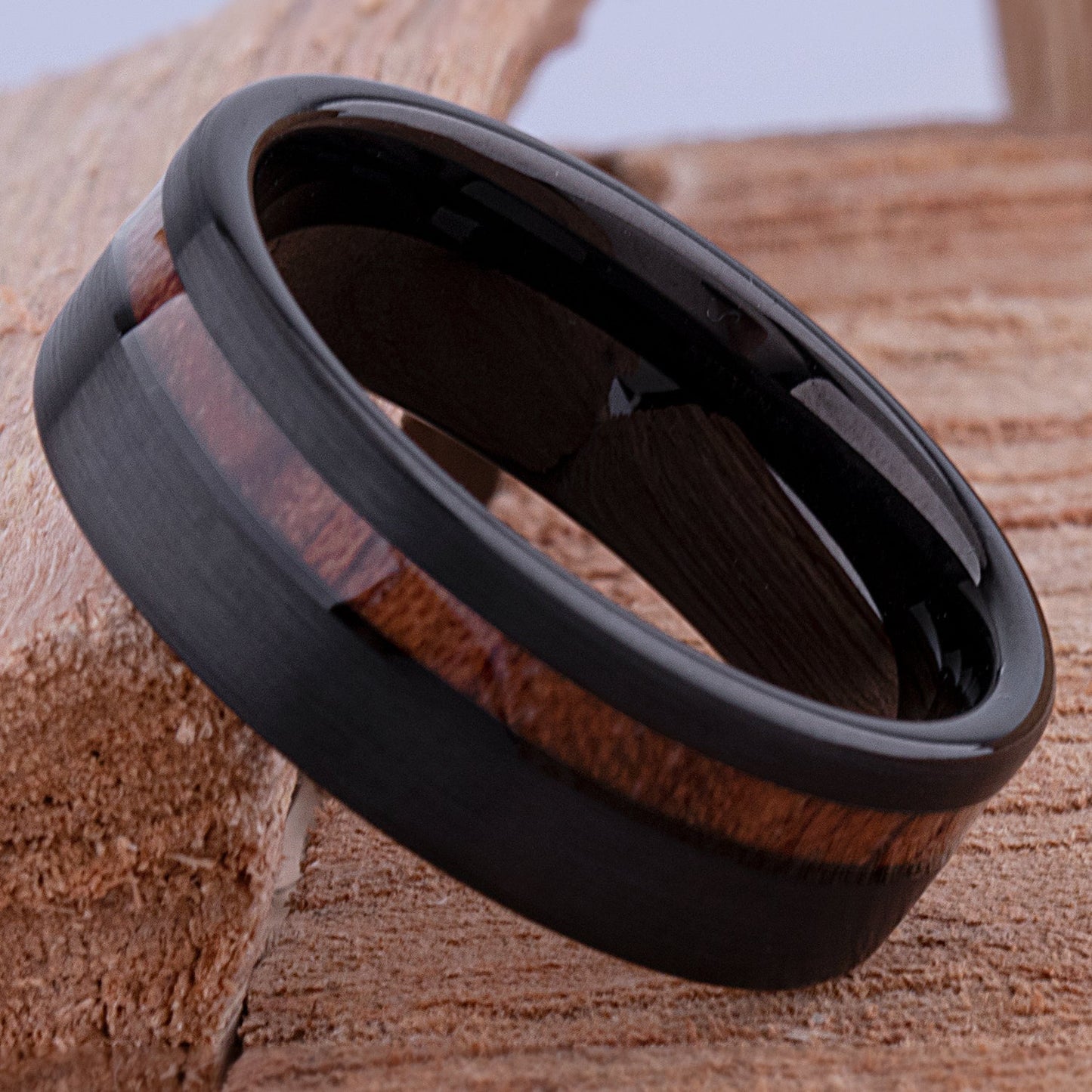 Tungsten Wedding Band or Engagement Ring 8mm Wide Black Plating Natural Padauk Wood Inlay