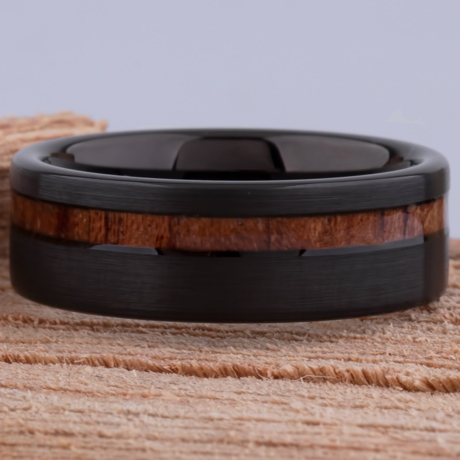 Tungsten Wedding Band or Engagement Ring 8mm Wide Black Plating Natural Padauk Wood Inlay
