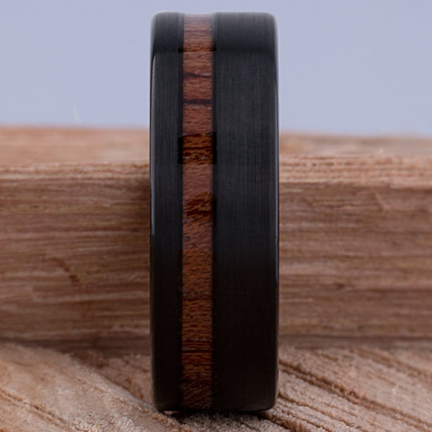 Tungsten Wedding Band or Engagement Ring 8mm Wide Black Plating Natural Padauk Wood Inlay