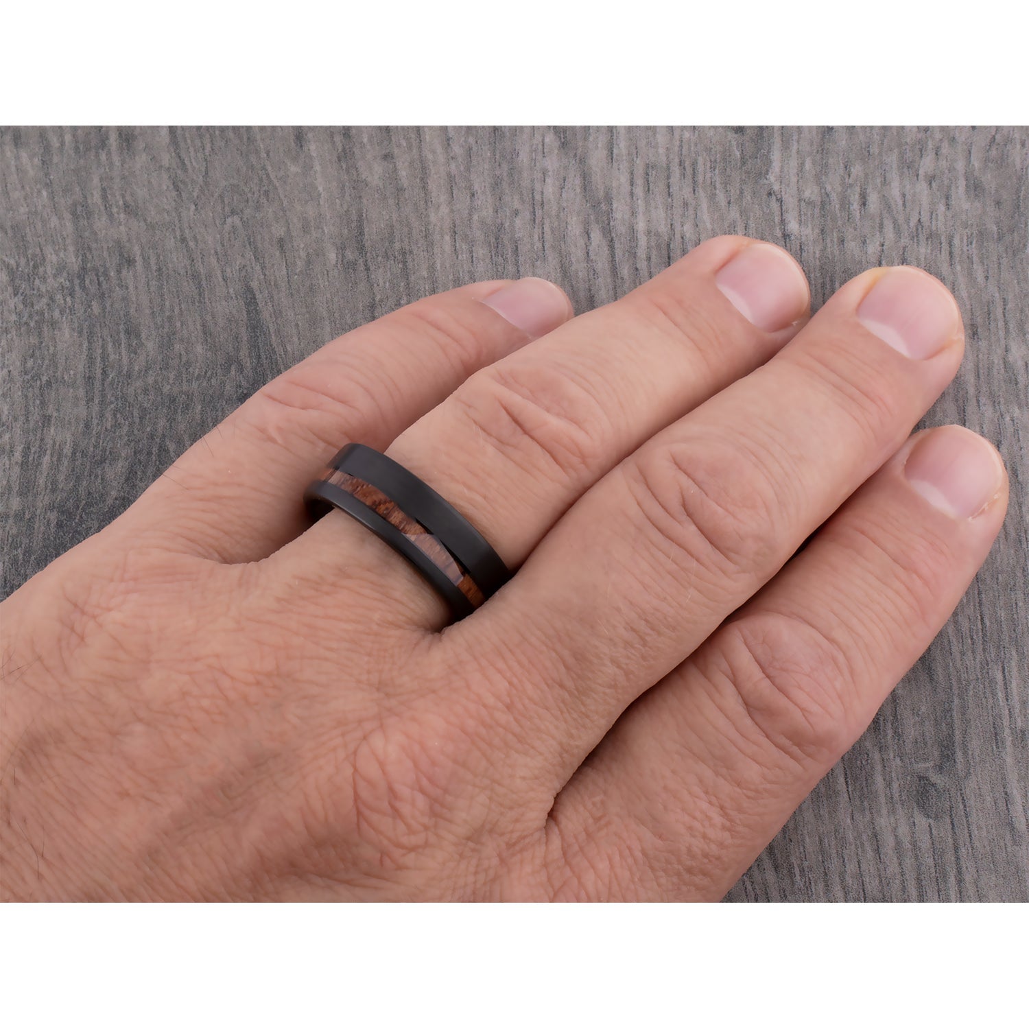 Tungsten Wedding Band or Engagement Ring 8mm Wide Black Plating Natural Padauk Wood Inlay