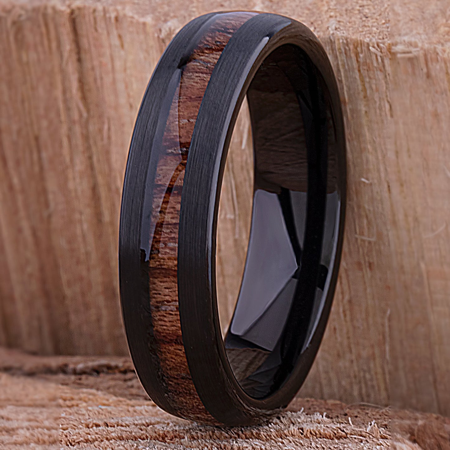 Tungsten Unisex Wedding Band or Engagement Ring 6mm Wide Black IP Plating Natural Padauk Wood Inlay