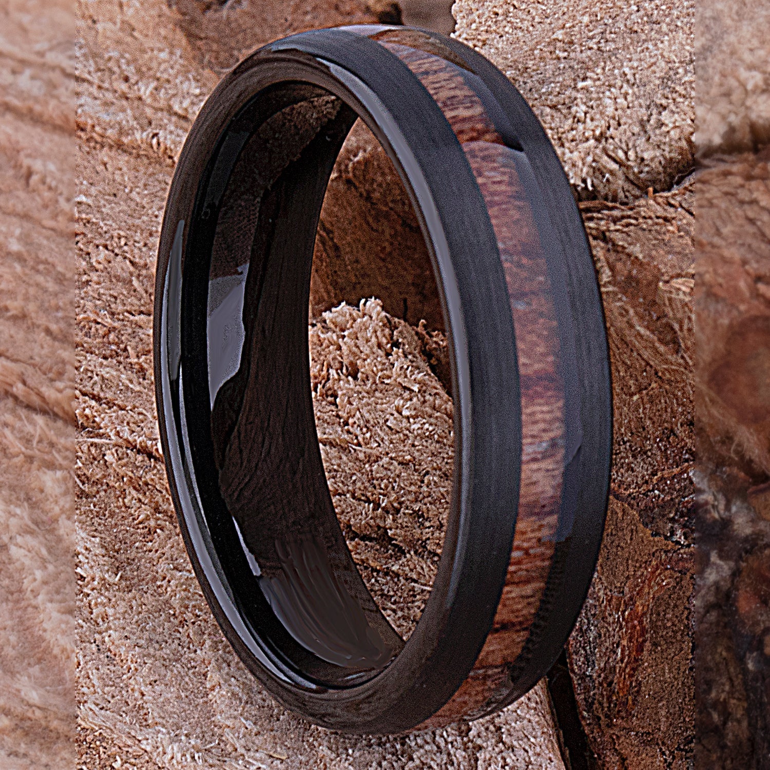 Tungsten Unisex Wedding Band or Engagement Ring 6mm Wide Black IP Plating Natural Padauk Wood Inlay