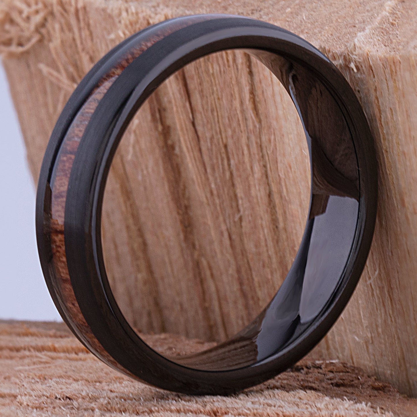 Tungsten Unisex Wedding Band or Engagement Ring 6mm Wide Black IP Plating Natural Padauk Wood Inlay