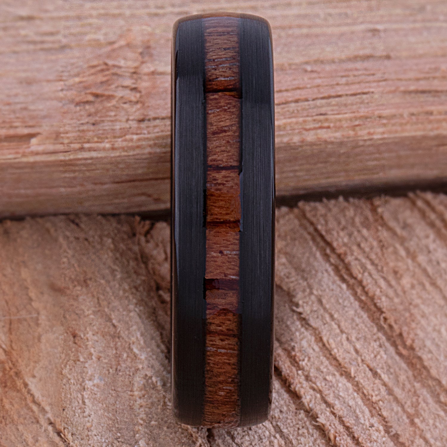 Tungsten Unisex Wedding Band or Engagement Ring 6mm Wide Black IP Plating Natural Padauk Wood Inlay