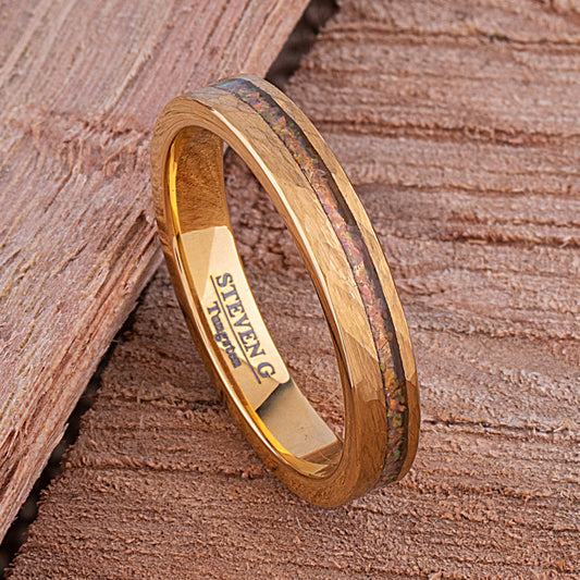 Yellow Tungsten Ring with Crushed Opal - 4mm Width