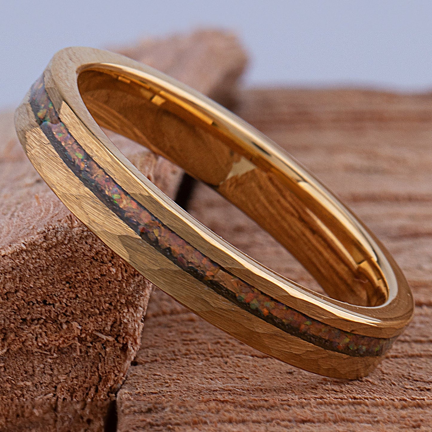 Yellow Tungsten Ring with Crushed Opal - 4mm Width