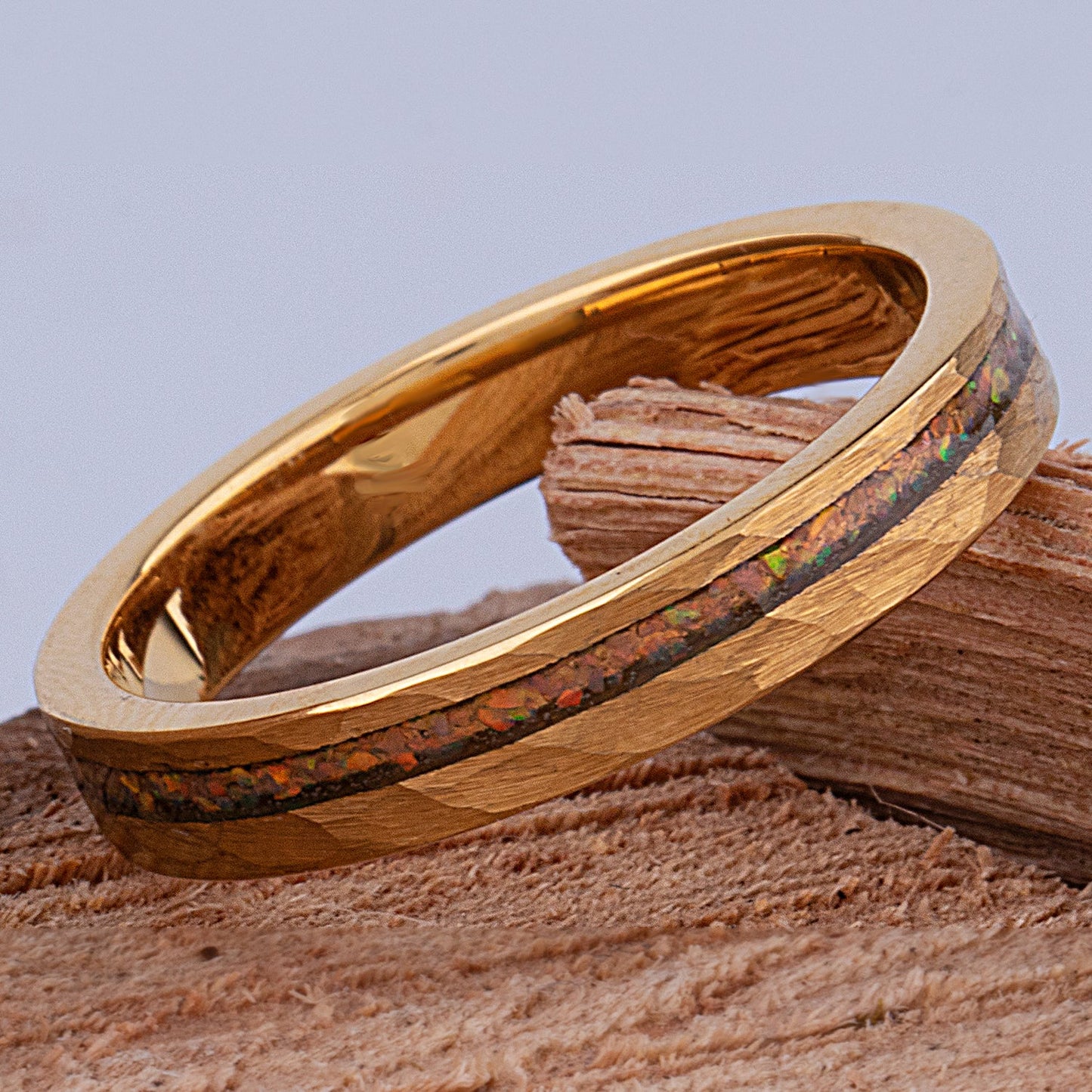 Yellow Tungsten Ring with Crushed Opal - 4mm Width