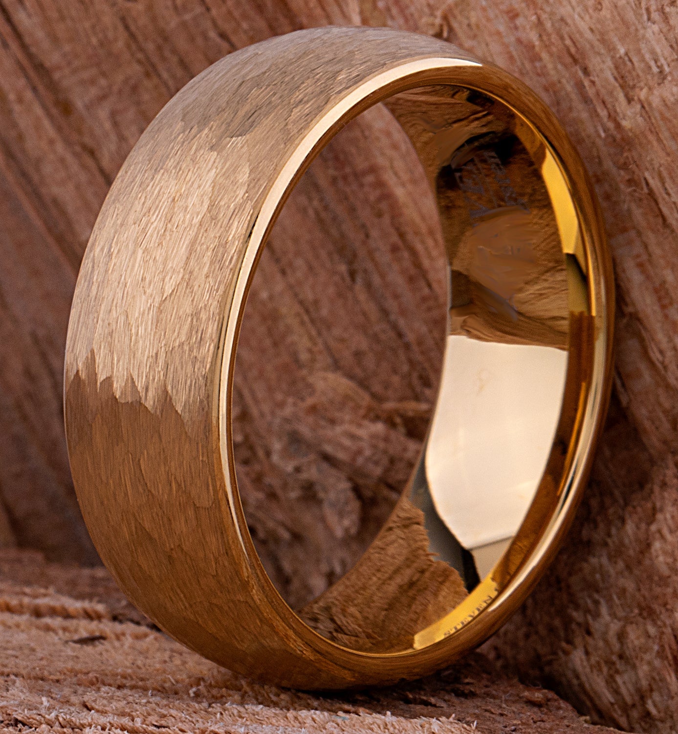 Tungsten Ring with Hammered Yellow Gold - 8mm Width