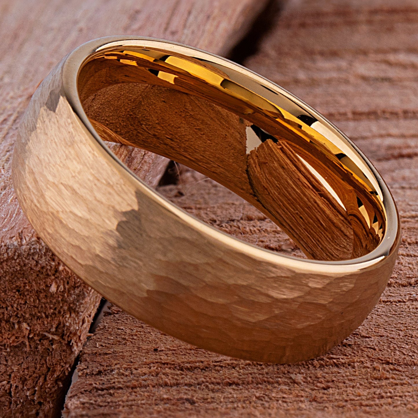 Tungsten Ring with Hammered Yellow Gold - 8mm Width