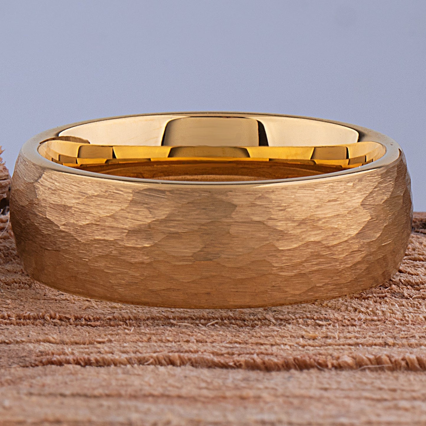 Tungsten Ring with Hammered Yellow Gold - 8mm Width