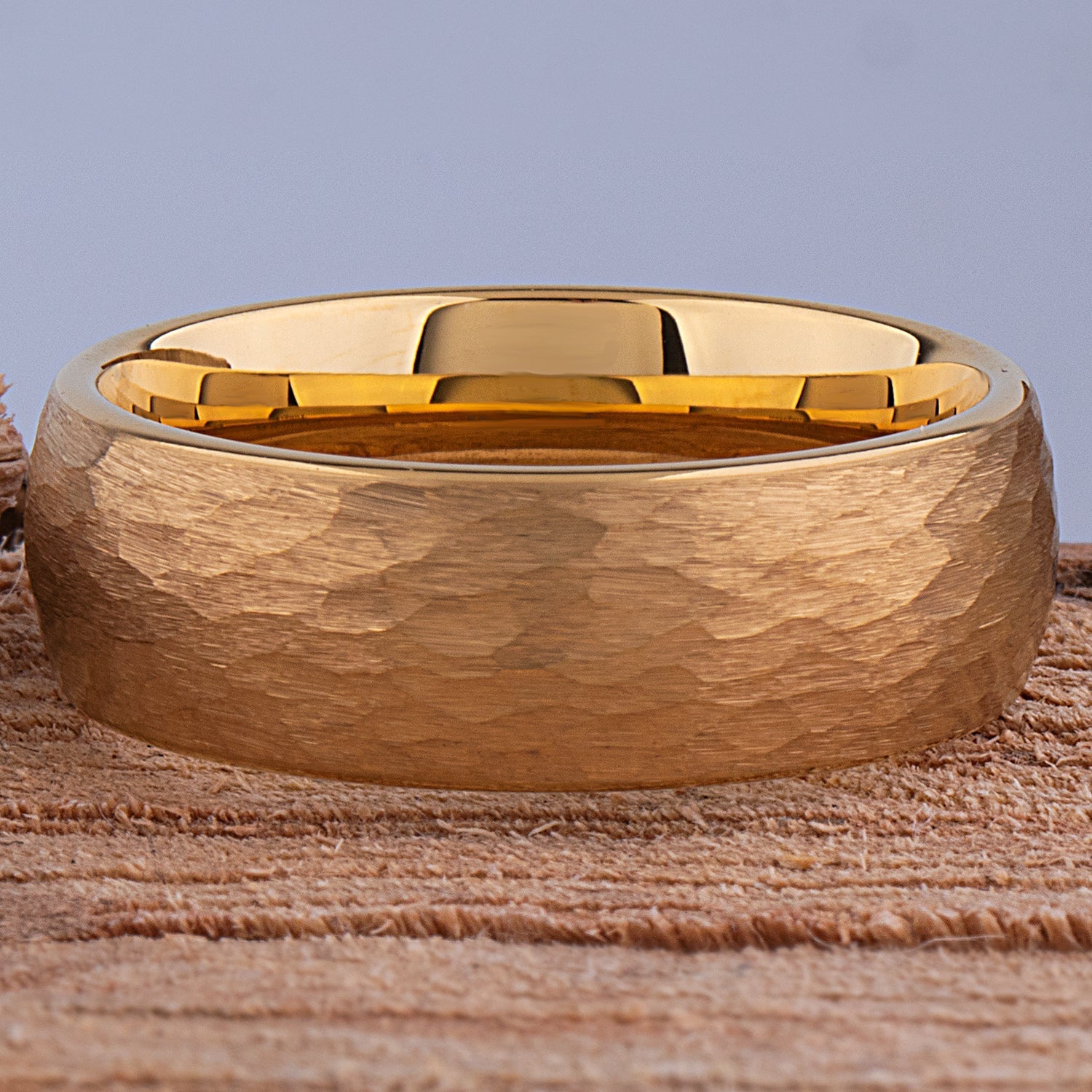 Tungsten Ring with Hammered Yellow Gold - 8mm Width