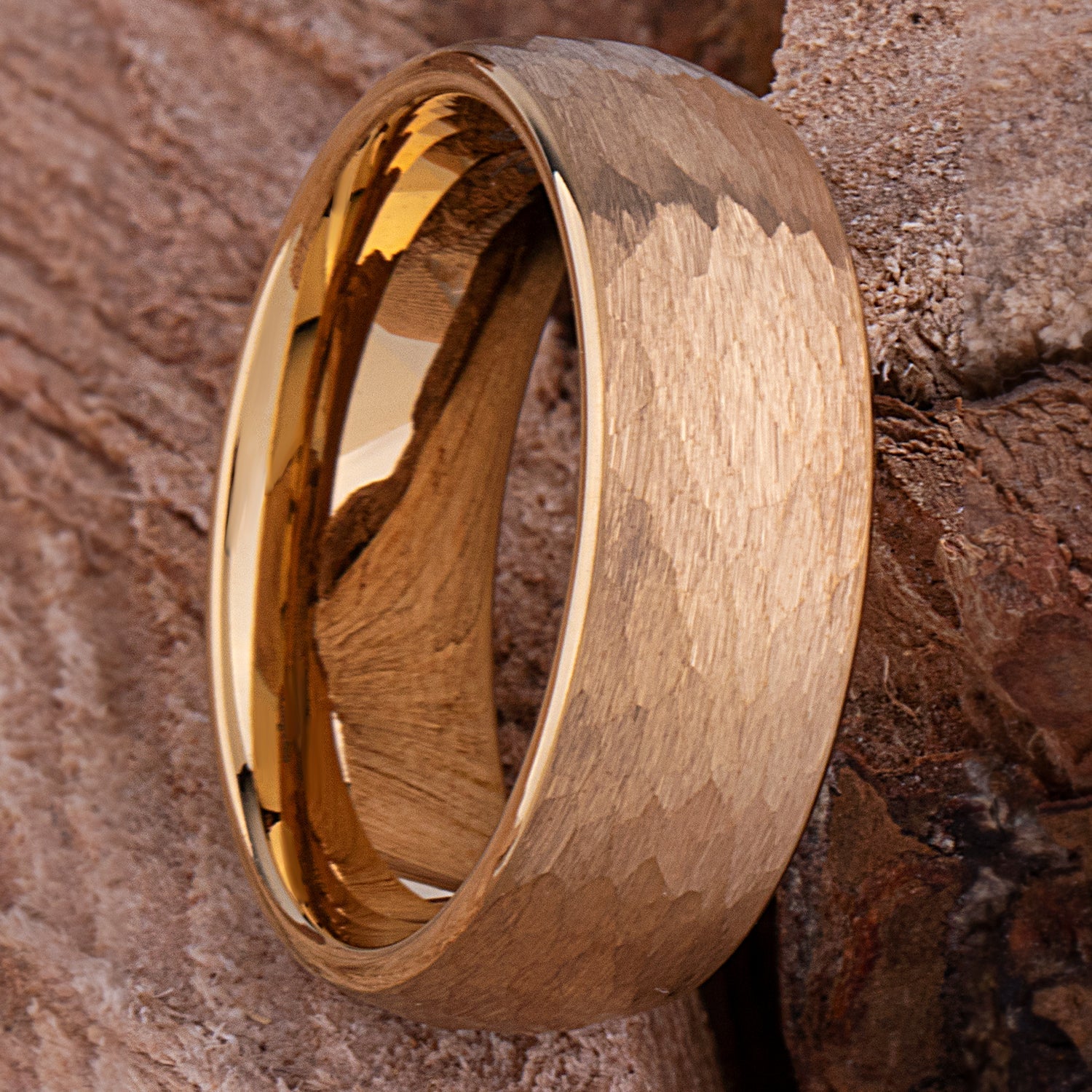 Tungsten Ring with Hammered Yellow Gold - 8mm Width