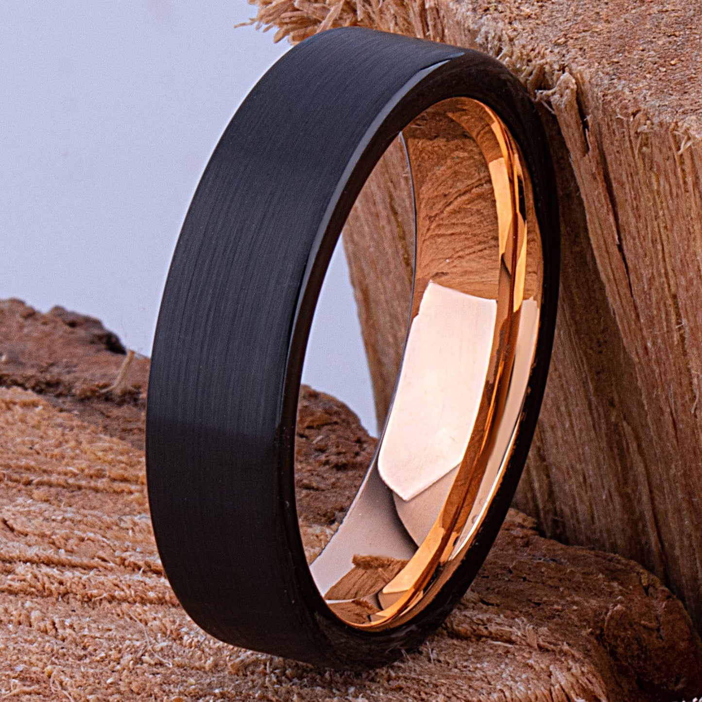 Tungsten Carbide Wedding Ring or Engagement Band 6mm Wide Flat Satin Finish 2-Tone Black & Rose Gold