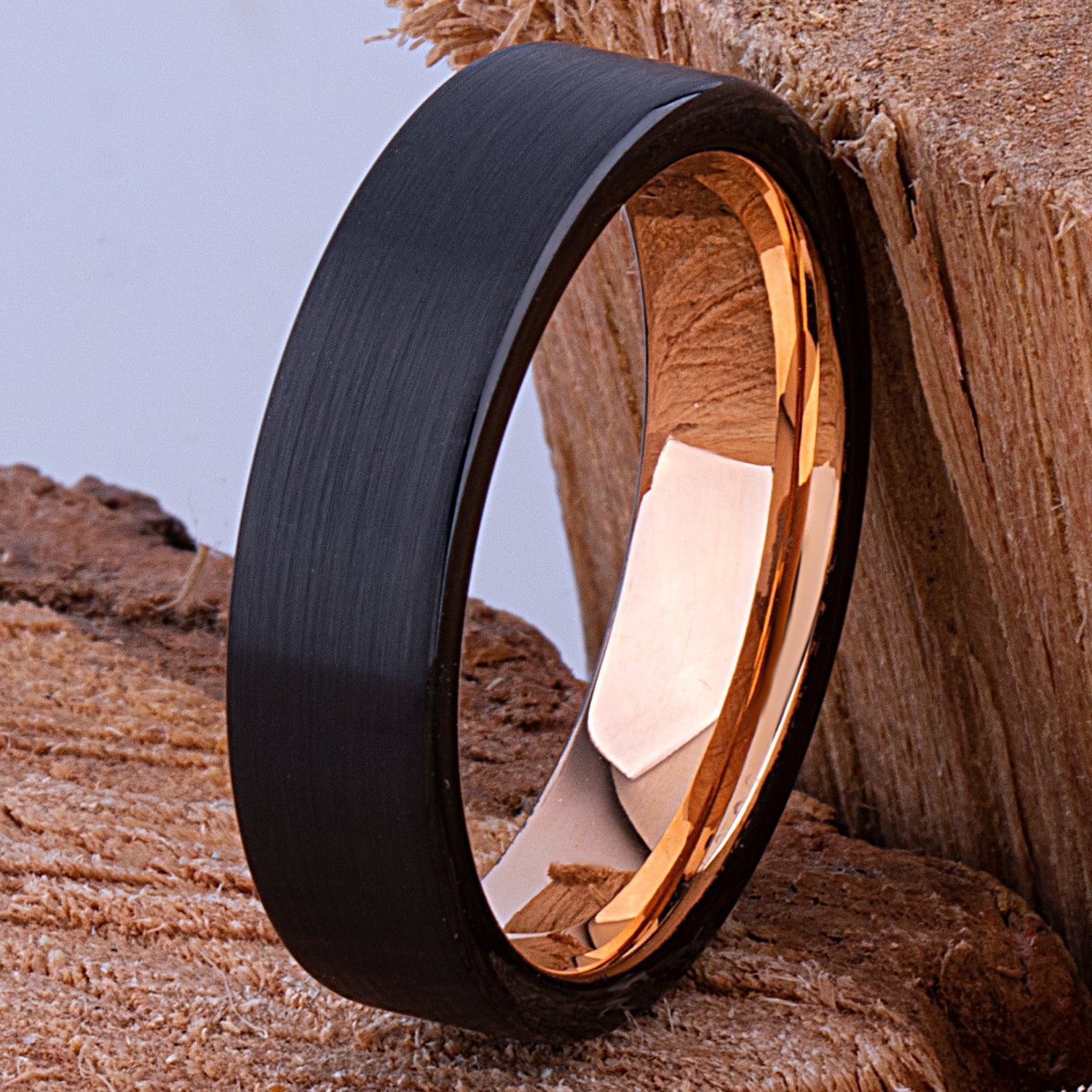 Tungsten Carbide Wedding Ring or Engagement Band 6mm Wide Flat Satin Finish 2-Tone Black & Rose Gold