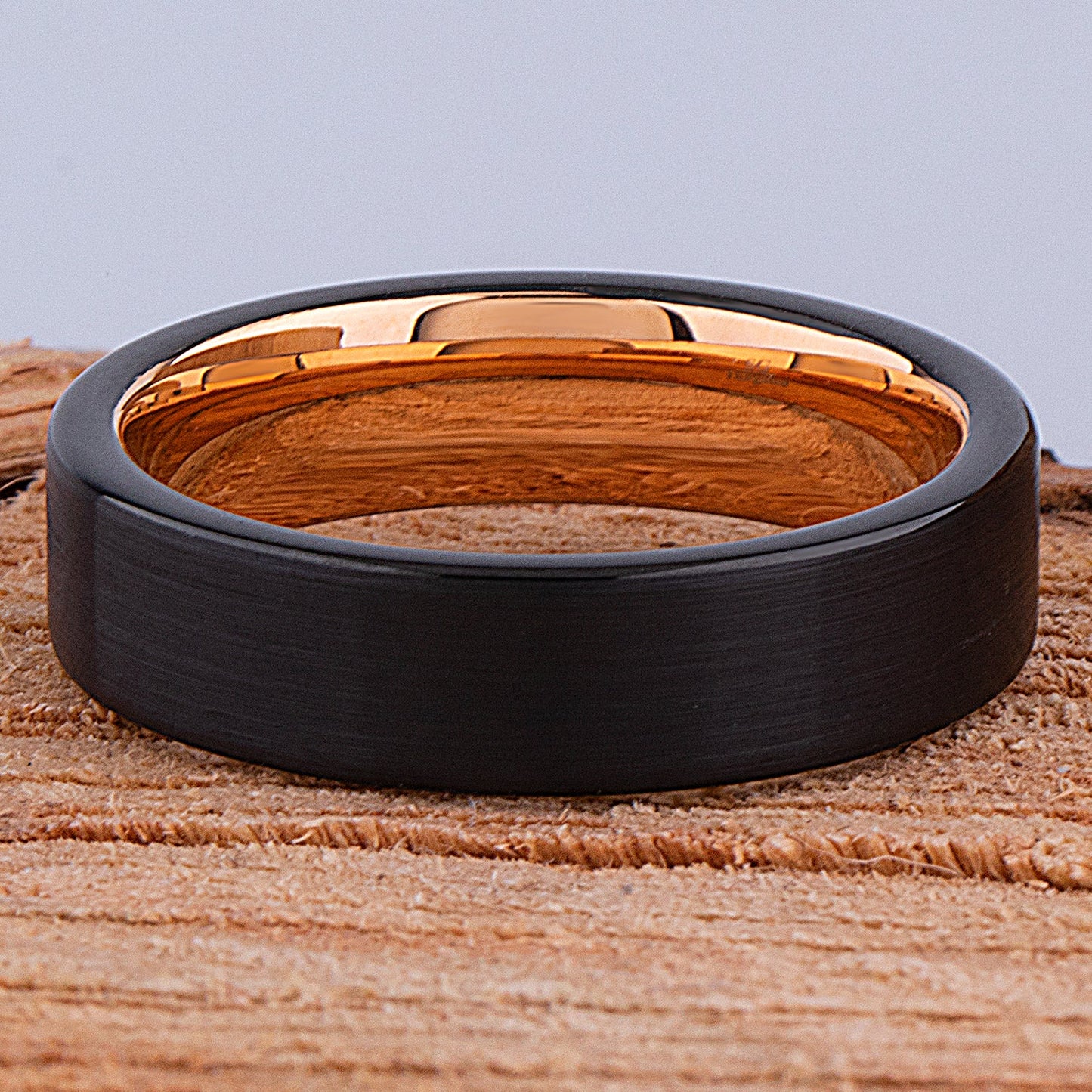 Tungsten Carbide Wedding Ring or Engagement Band 6mm Wide Flat Satin Finish 2-Tone Black & Rose Gold